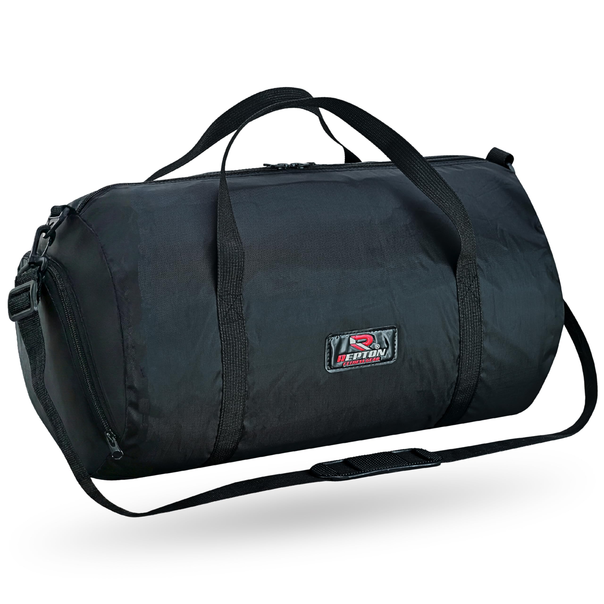 Gym Bag with Shoe Compartment - 30L Foldable Sports Holdall for Men & Women - Lightweight Barrel Duffle Packs Into Internal Zip Pouch - Ideal for Travel, Gym & Weekend Trips (Black)