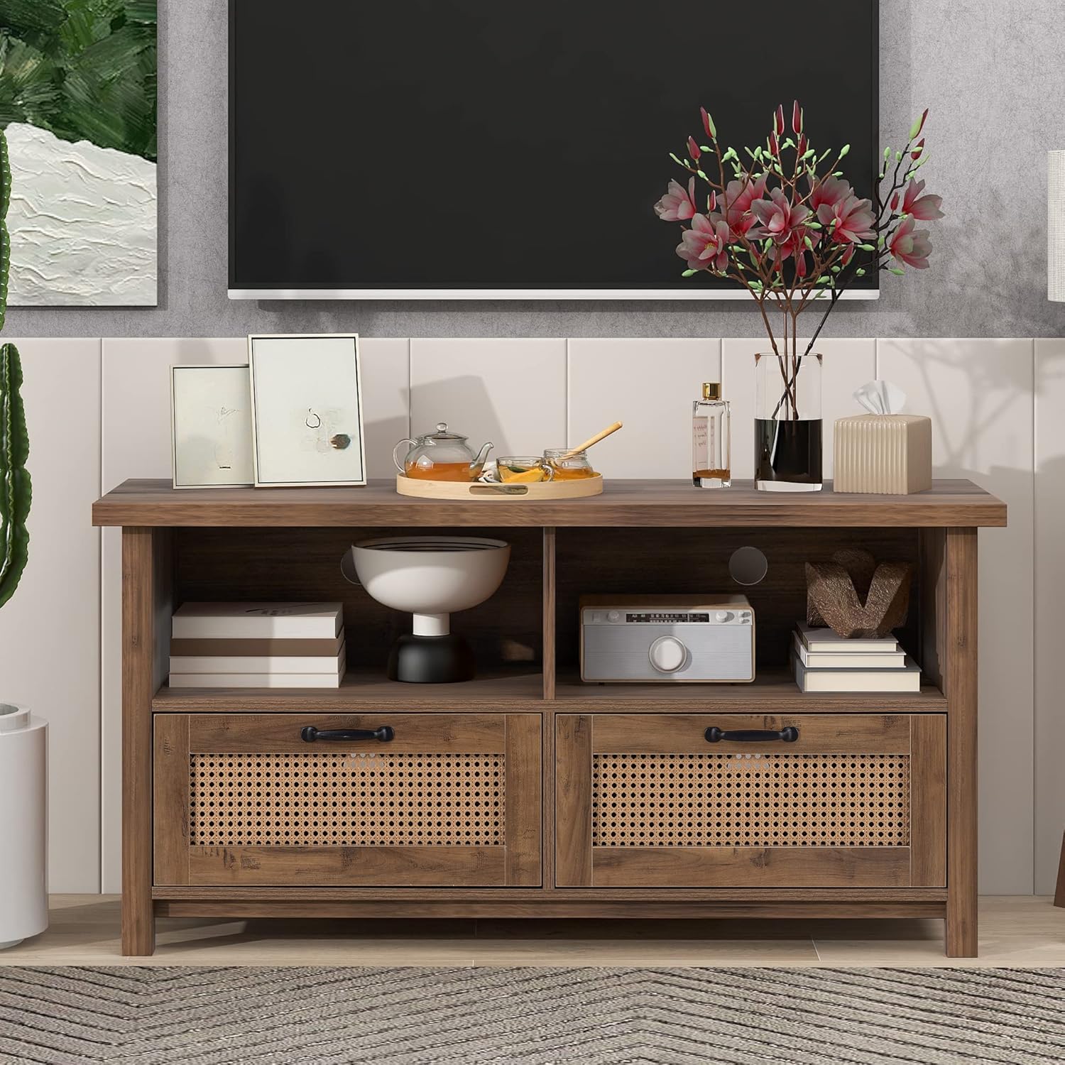 RARZOE Rattan TV Stand for TVs up to 55”, Modern TV Stand Media Entertainment