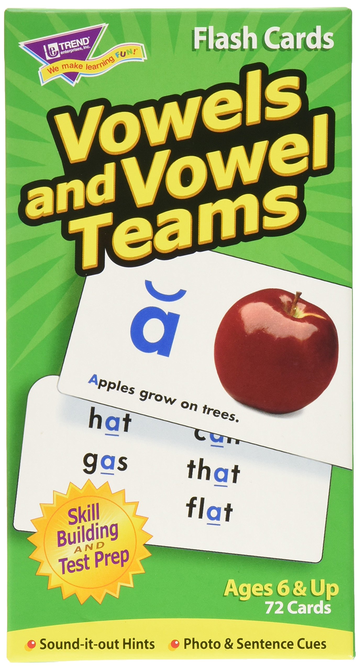 Trend Enterprises T53008 Vowels and Vowel Teams Flash Cards, 3 X 6 in (Pack of 72)