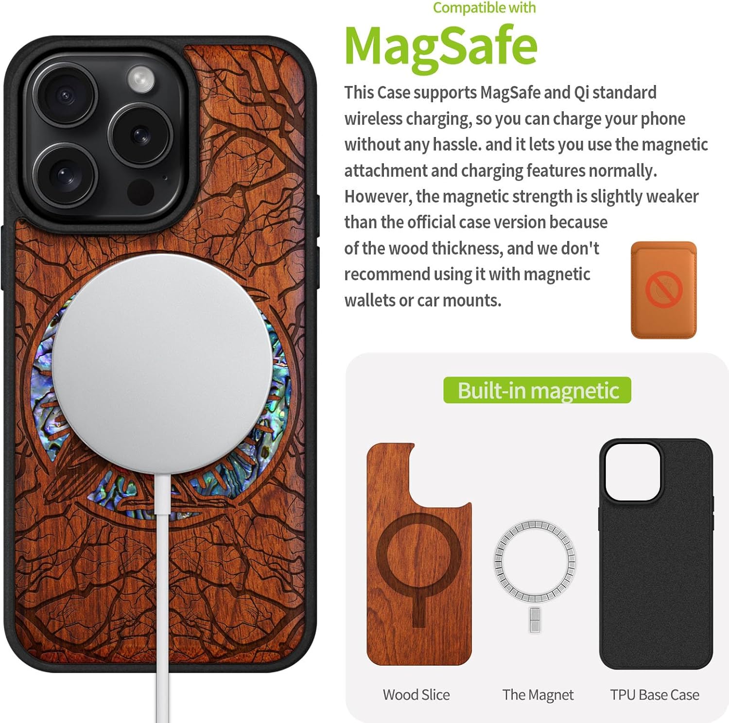 Carveit Magnetic Case for iPhone 16 Pro Case, Wood Artisan Engraved & Handmade Shell Inlaid, TPU Shockproof Cover, Compatible with MagSafe Wireless Chargers (The Haloed Crow) Rosy