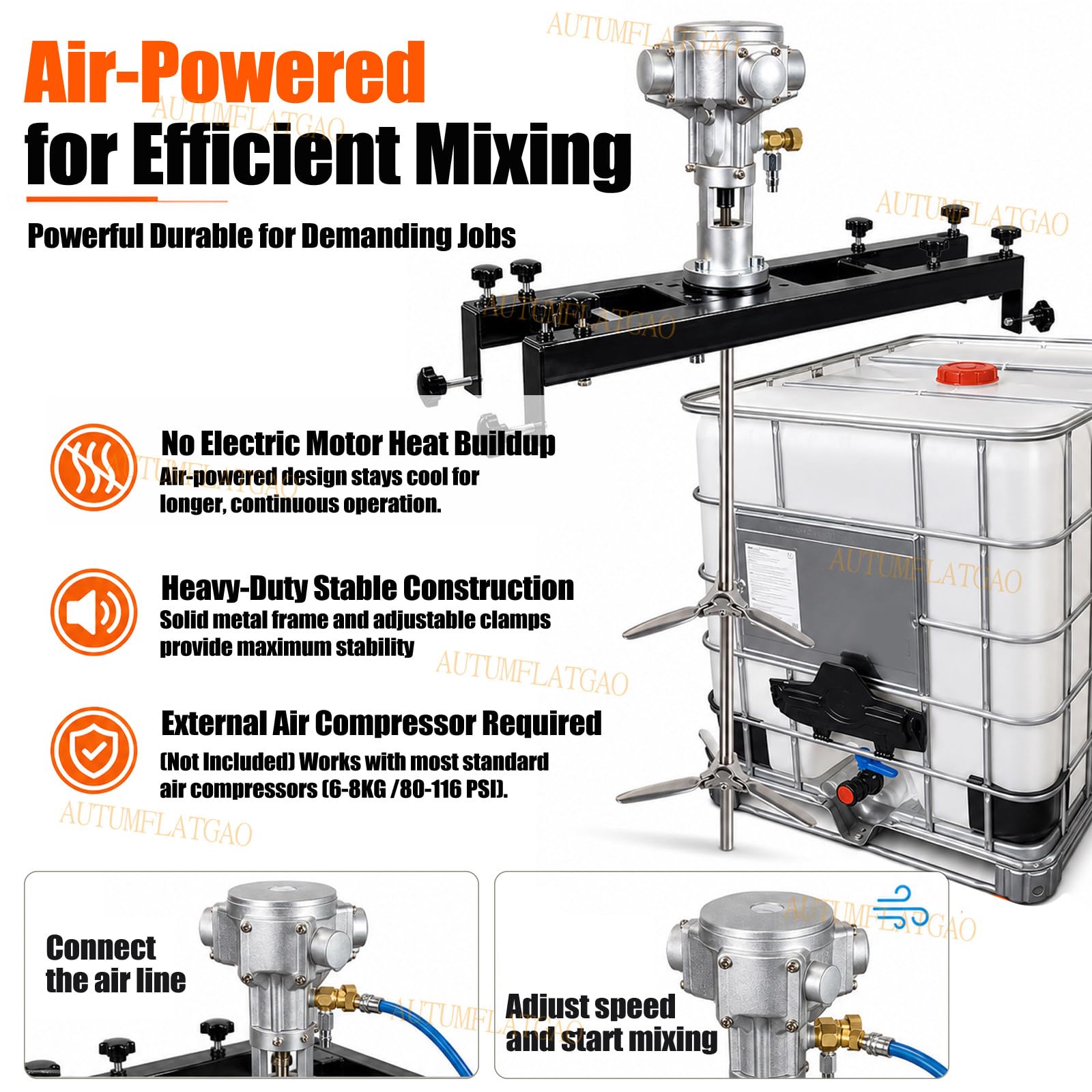 Agitatore Pneumatico 370W per Serbatoio IBC, Miscelatore per Cisterne con velocità Variabile 0-2500 Giri/Min, Girante Pieghevole in Acciaio Inox per Rivestimenti, Adesivi, Fragranze