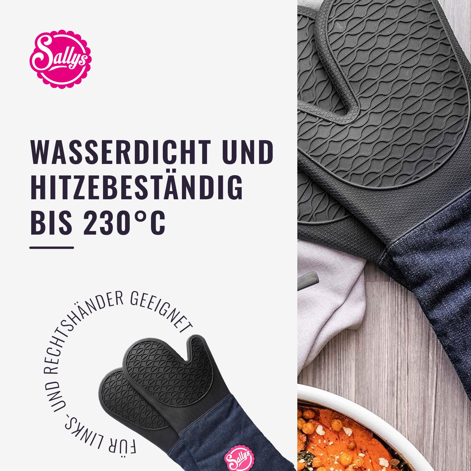 Sallys Backhandschuhe - 1 Paar aus Silikon mit Extra Langen Baumwollmanschetten - Wasserdicht & Hitzebeständig bis 230 Grad - Für Rechts- & Linkshänder