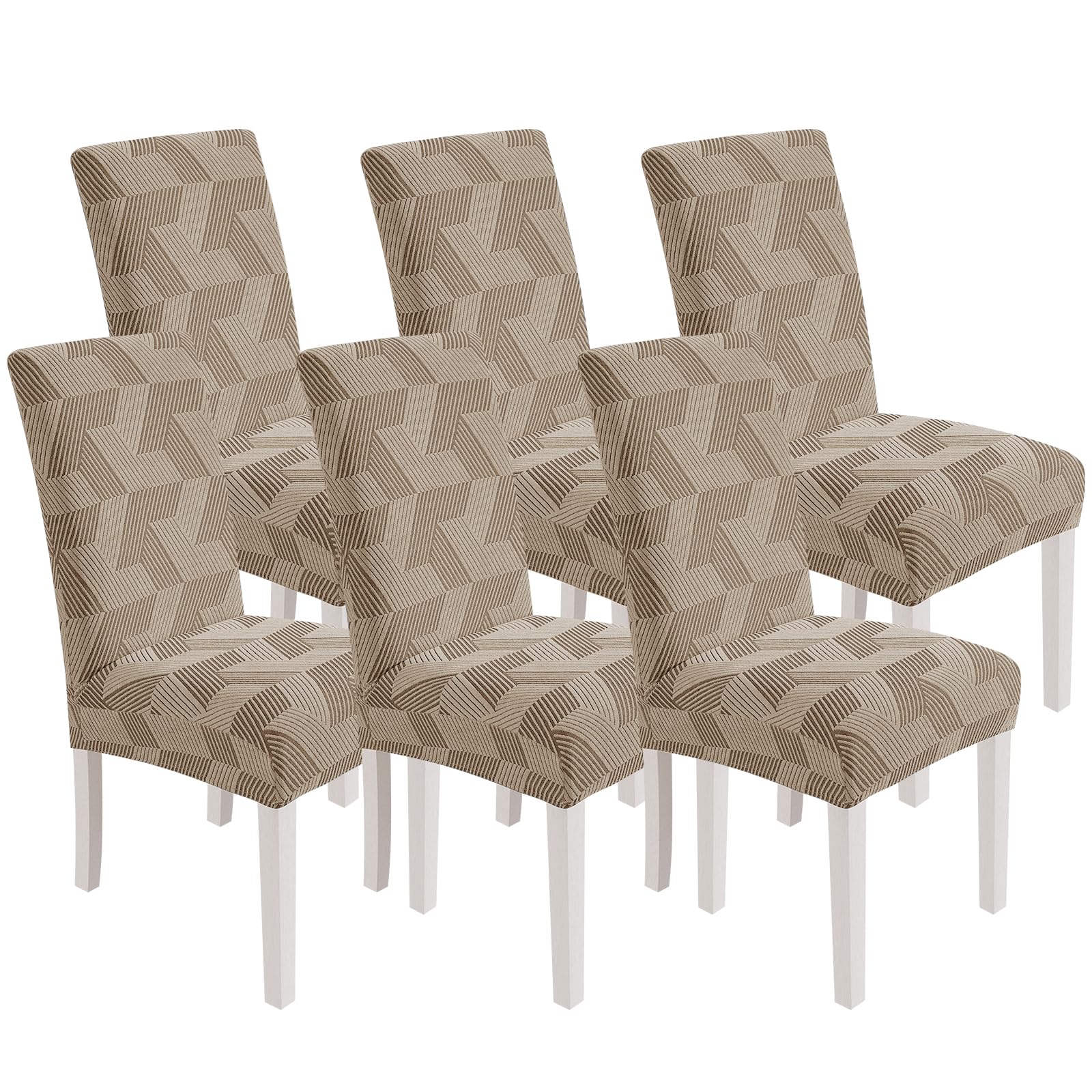 XINEAGE 6 Packs Dining Chair Slipcovers, Geometrical Jacquard Parson Dining Chair Covers, Washable Chair Protectors for Dining Room, Kitchen, Restaurant, Hotel, Khaki
