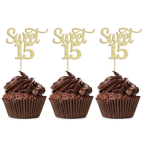Gyufise 24 piezas de adornos para cupcakes con purpurina dorada, número 15, quince palillos para tartas, decoraciones para cumpleaños de 15 años,