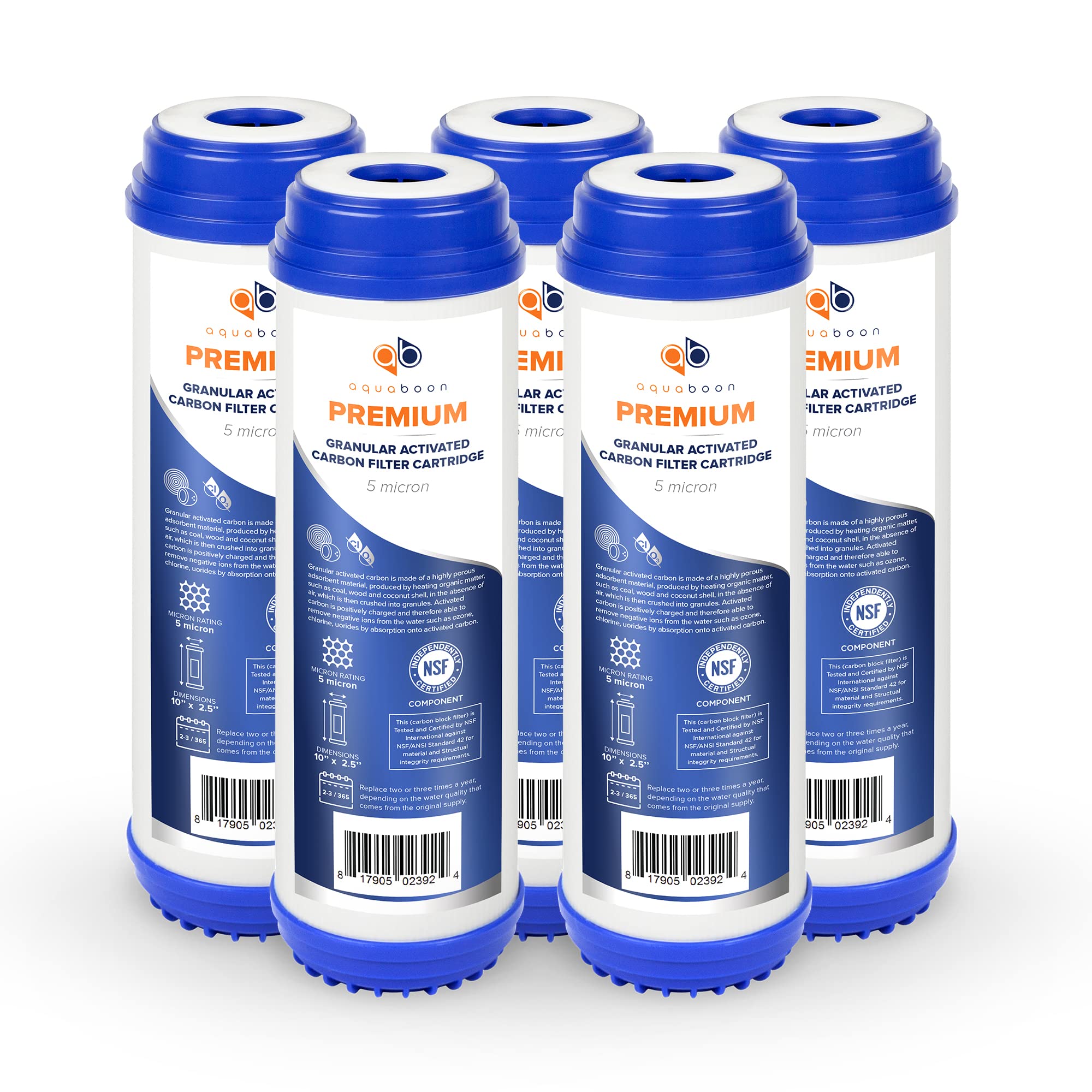 AquaboonPremium 5 Micron 10" x 2.5" Coconut Shell Granular Activated Carbon (GAC) Water Filter Replacement Cartridge, 5 Pack
