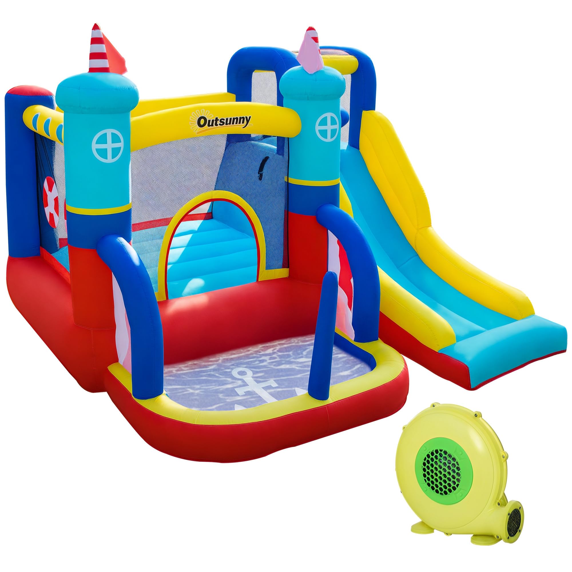 Outsunny Castello Gonfiabile 4 in 1 per Bambini 3-8 Anni, 265x260x200cm | Trampolino, Scivolo, Piscina, Parete da Arrampicata, Borsa Trasporto, Parco Acquatico Gonfiabile per Giardino, Gonfiatore