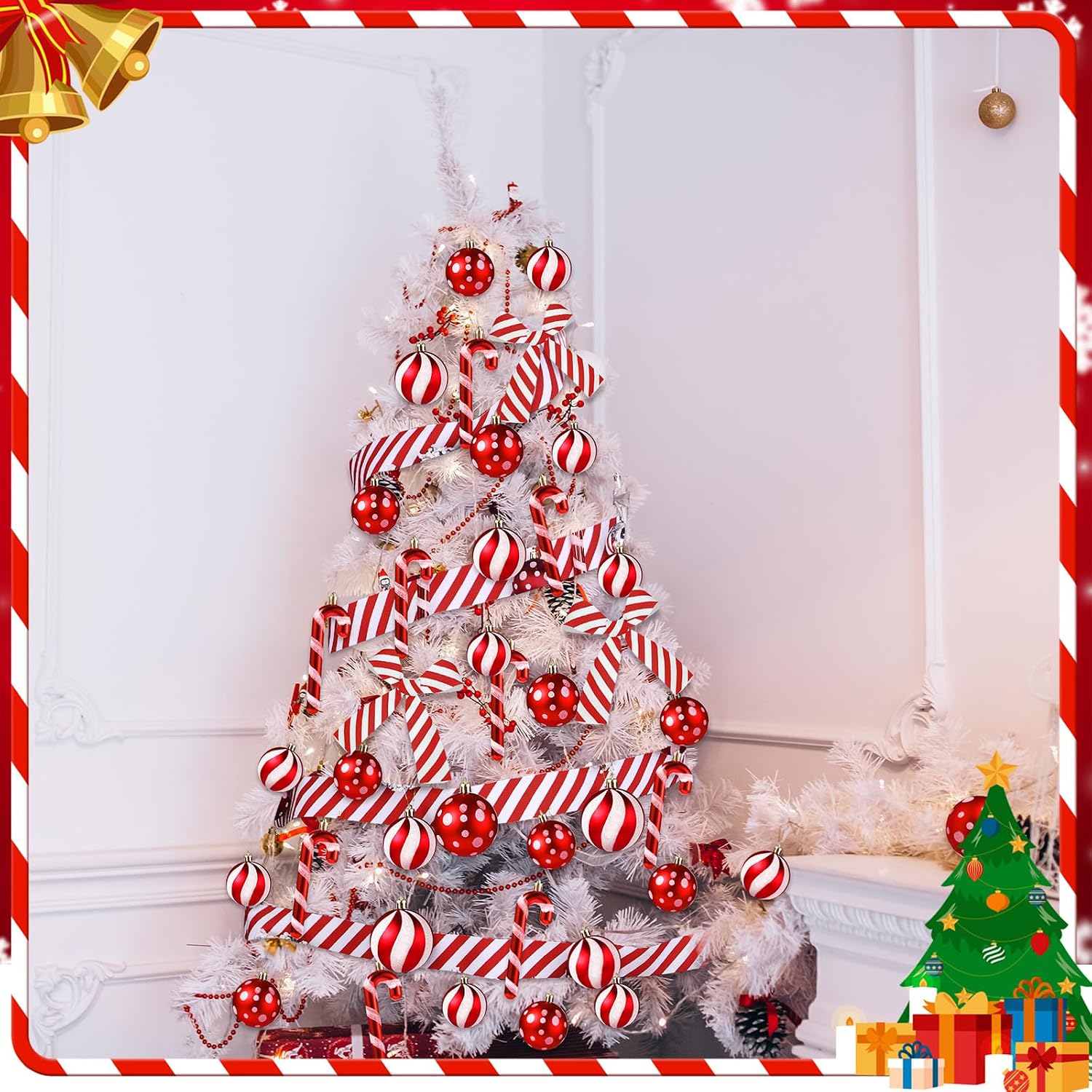 Shappy 38 Pcs Christmas Tree Ornaments Sets, Candy Cane Red White Stripes Xmas Tree Hanging Decorations, Plastic Xmas Ball Variety Shapes with Ribbon New Year Holiday Party Supplies(Cute,31.5'')