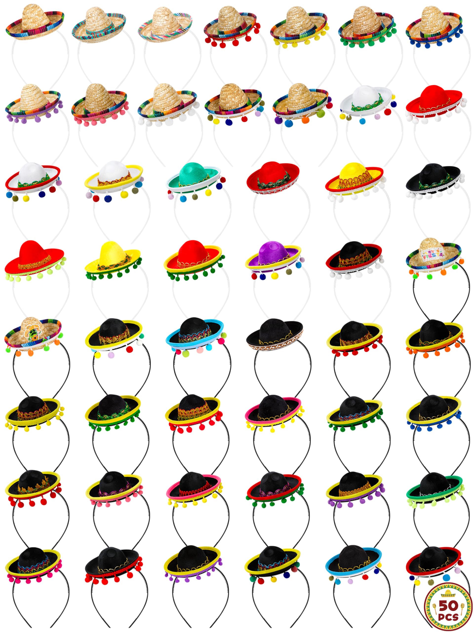 50 Stück Cinco De Mayo Sombrero Stirnband, Stoff Cinco de Mayo Sombrero Stirnbänder, Mini mexikanischer Partyhut mit Stirnband, Fiesta-Stirnbänder, Party-Stirnbänder für lustige Fiesta-Hut-Party,