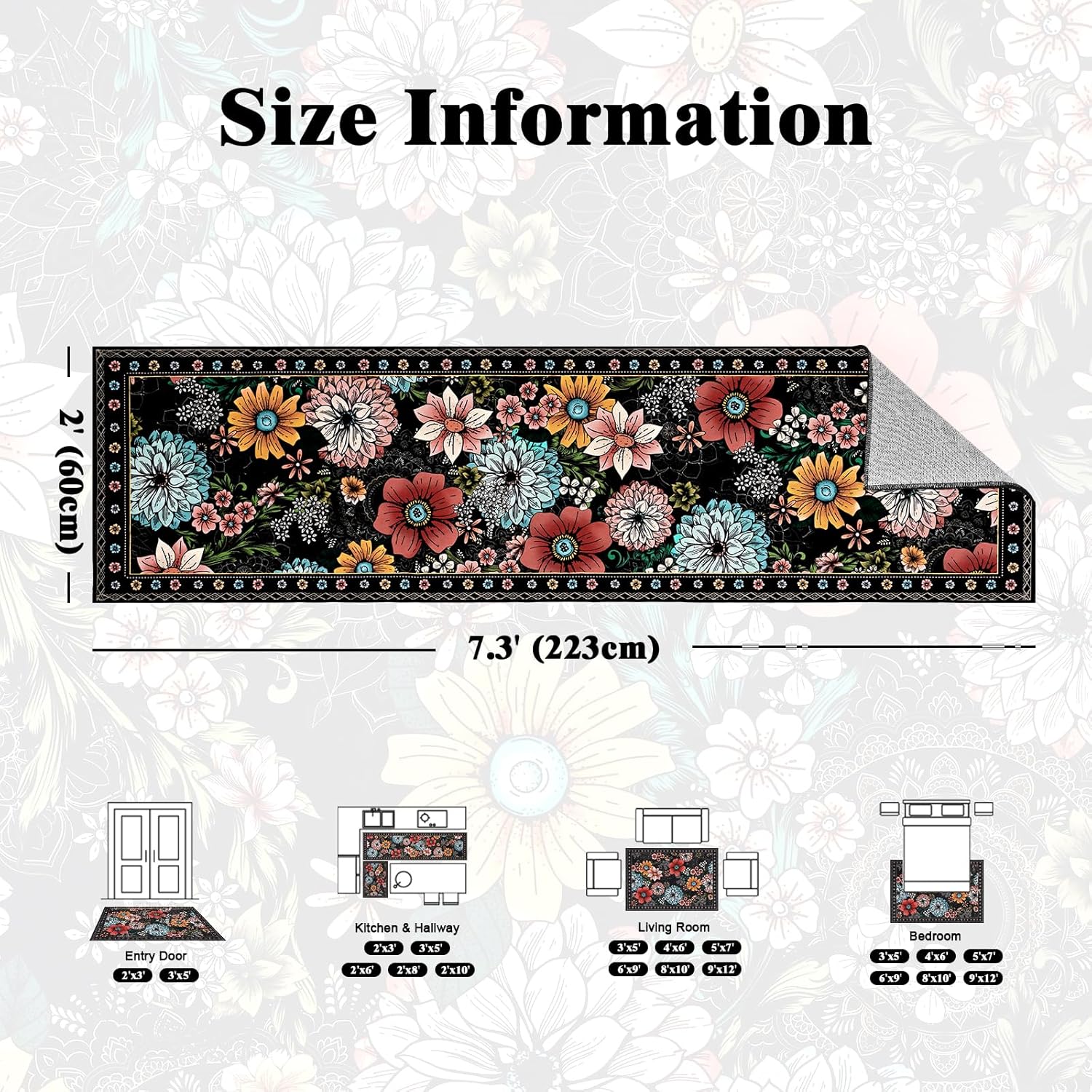 Yinhua Runner Rug Washable Boho Floral Rugs for Hallway, Black Runner Rugs 2x7'3 Non Slip, Soft Low Pile Kitchen Runner Rug for Hallways, Kitchen, Bedroom, Laundry, Black