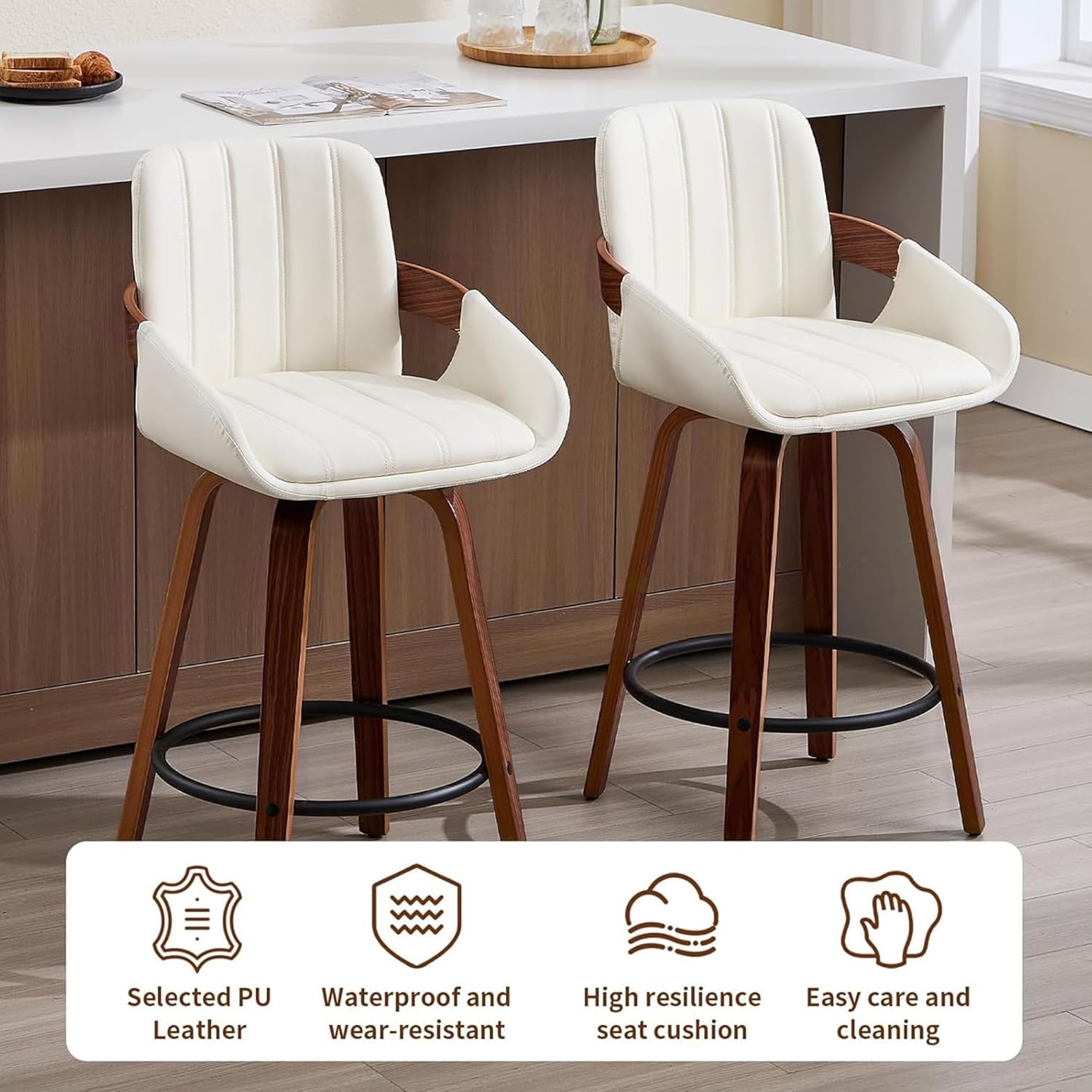 VipDesk Bar Stools Set of 2, 26" Counter Height Swivel Stools with Back, Walnut Wood Frame, PU Leather, Built-in Footrest, Modern Kitchen Island Chairs – Easy Assembly & Sturdy Design - Cream White