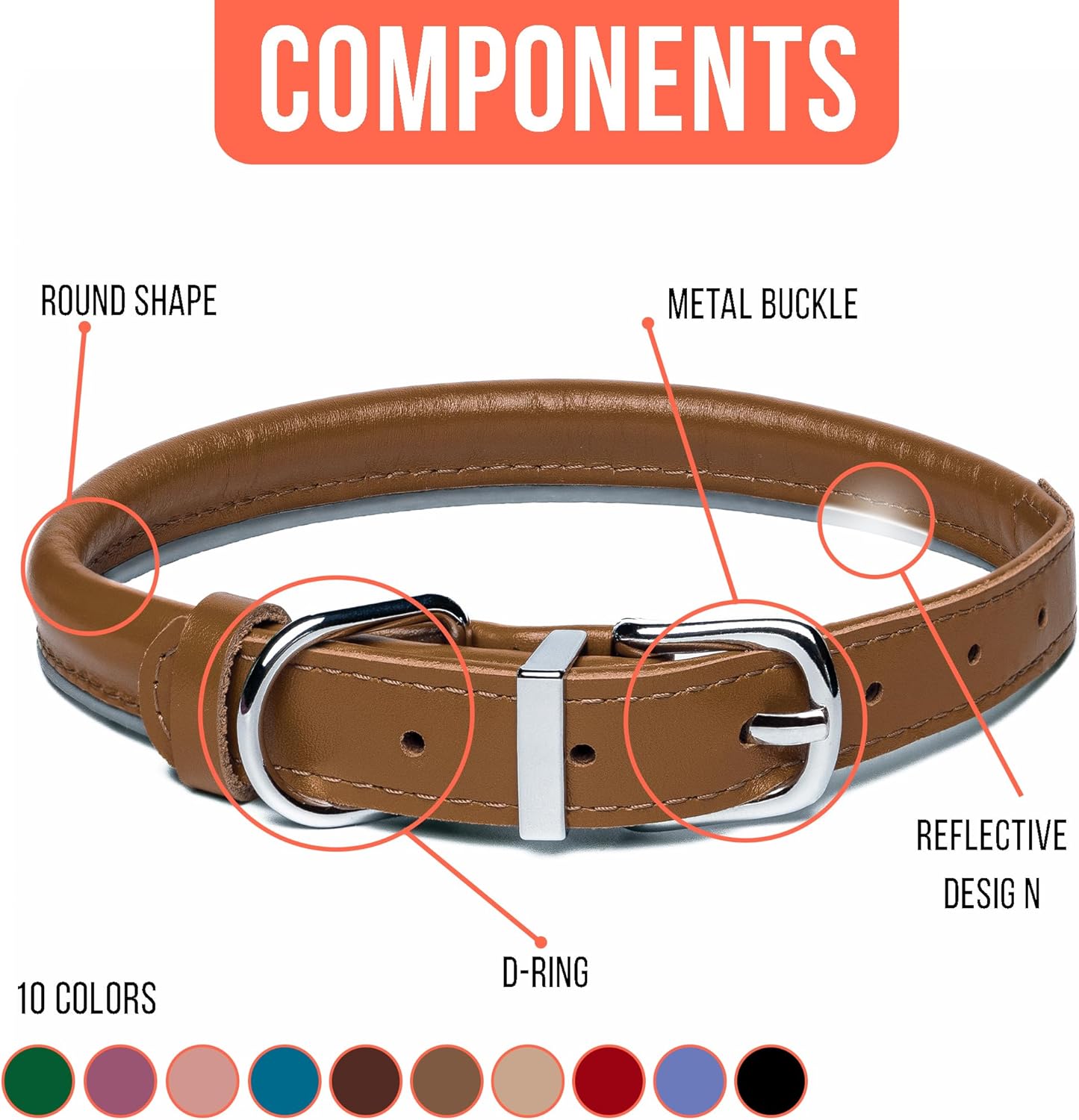 OOPSDOGGY Rolled Leather Dog Collar Reflective Roll Collars for Small Medium Large Dogs Puppy (Caramel, XXL, 20'' -24'')