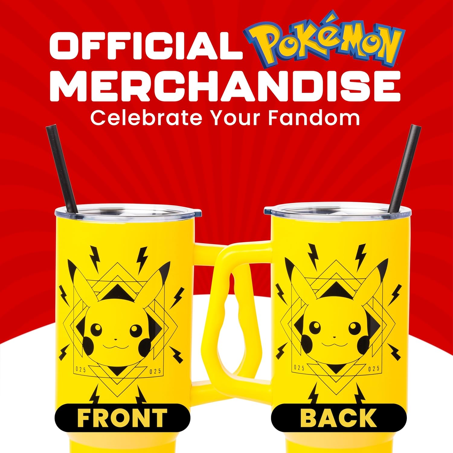 Silver Buffalo Pokémon Lightning Double Walled Stainless Steel Tumbler with Handle Featuring Pikachu, Fits in Standard Cup Holder, 40 Ounces