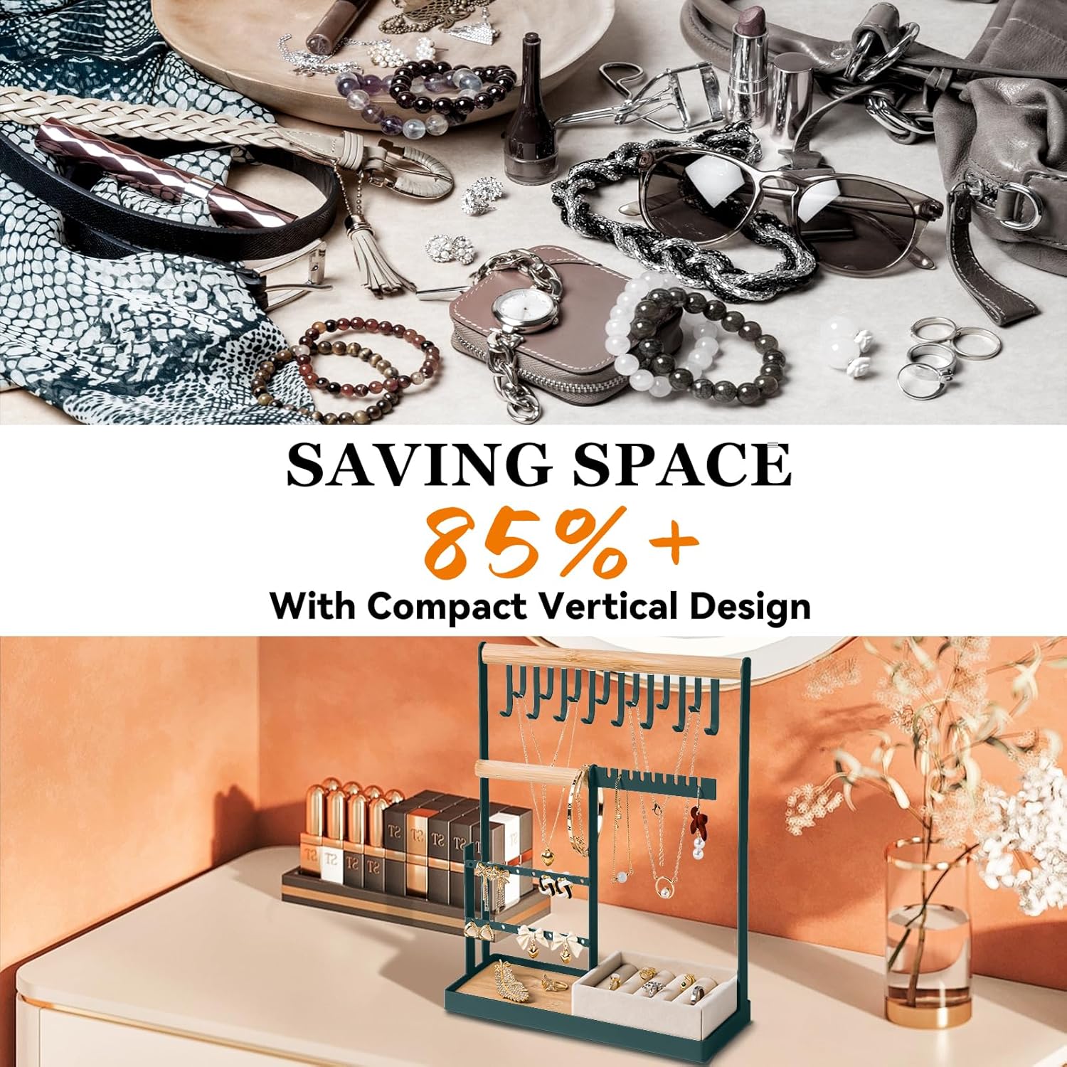 DreamGenius Jewelry Organizer Stand with Velvet Ring Holder, 4 Tier Jewelry Holder Organizer with 15 Hooks for Necklaces and 16 Holes for Earrings, Green - Image 2