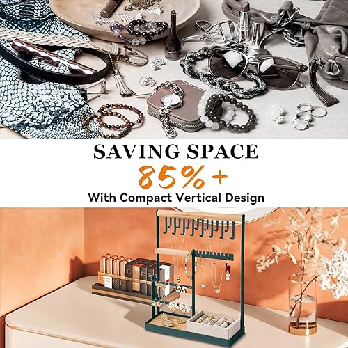 Miniatura 2 de Soporte organizador de joyas con soporte de terciopelo para anillos, organizador de joyas de 4 niveles con 15 ganchos, organizador de collares y