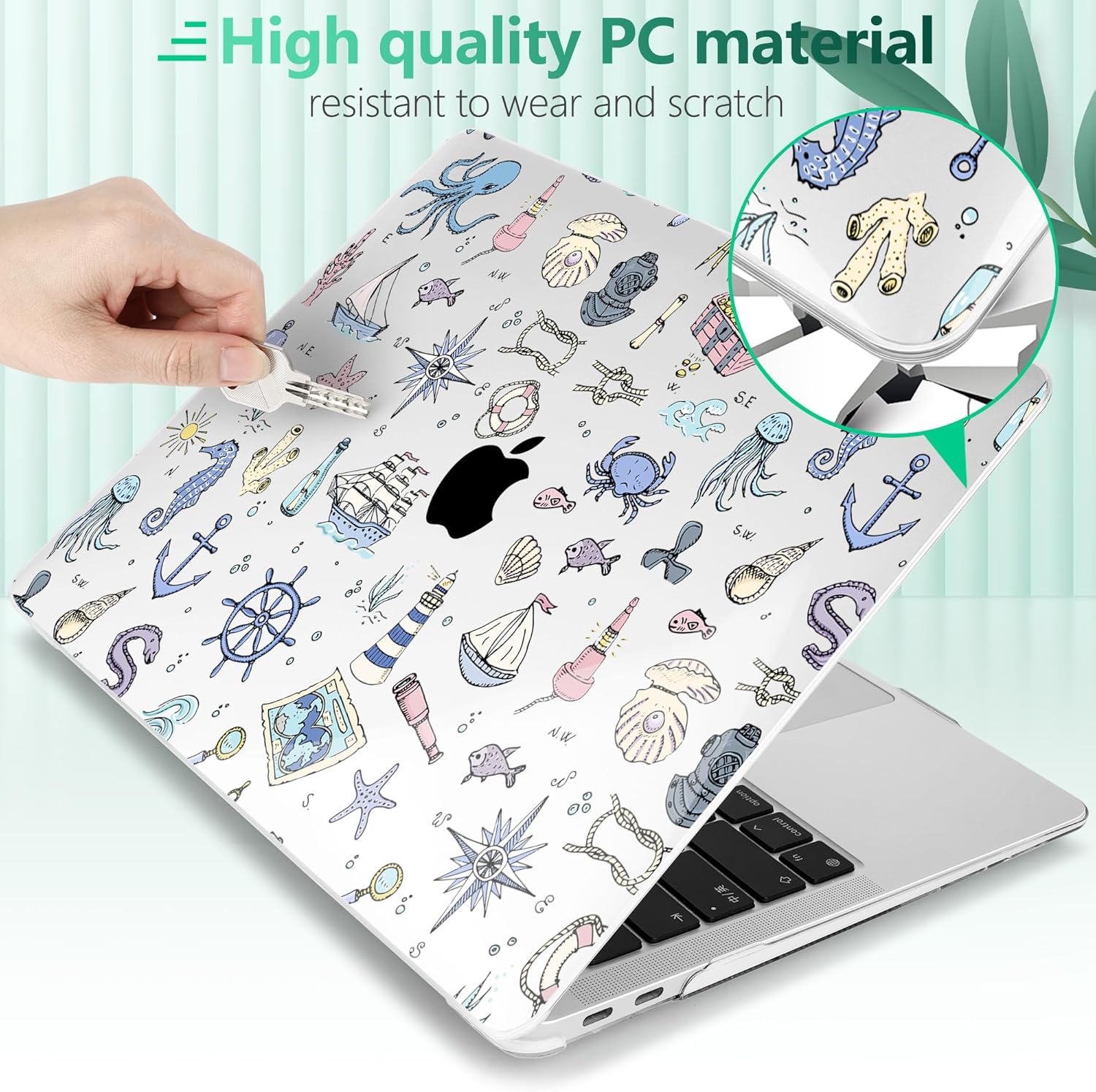 for M1 MacBook Air 13 inch Case 2021 2020 2019 2018 Model A2337/A2179/A1932, Laptop Hard Shell Case with Keyboard Cover & Trackpad Protector & 2 OTG Adapters, Sea Icons