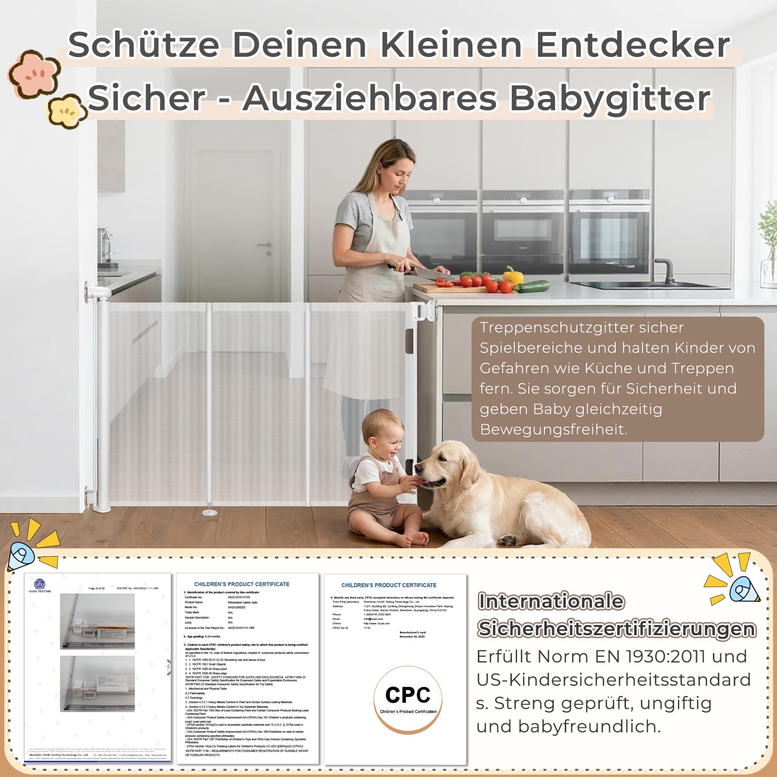 Ycozy Treppenschutzgitter Türschutzgitter Ausziehbar mit Stützstangen Treppenschutzrollo Türgitter Baby (Weiß, 150cm-Ohne Bohren)