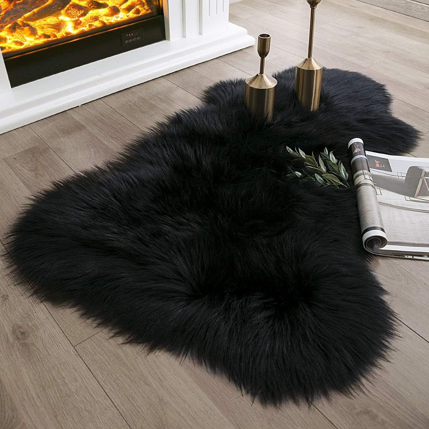 Ashler Faux Fur Rug, Black Area Rugs, Fluffy Sheepskin Fur