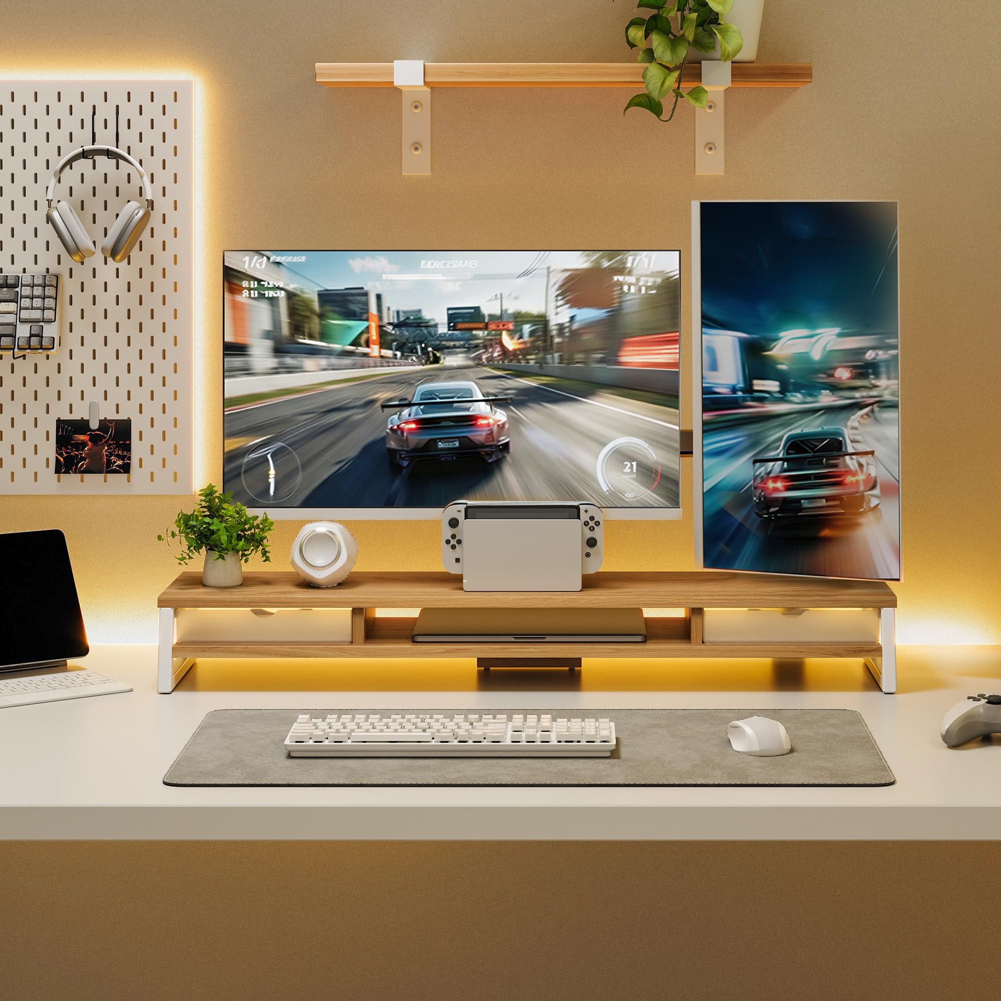 Fenge Supporto doppio per monitor con 2 cassetti in acrilico, 2 ripiani, 108 cm, per PC, laptop, fax, stampante, TV, portata 45 kg (rovere scuro)