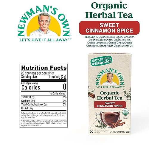 Miniatura 2 de Newman's Own Té de hierbas orgánicas con especias de canela dulce con té rooibos con jengibre orgánico, 20 bolsas de té envueltas individualmente