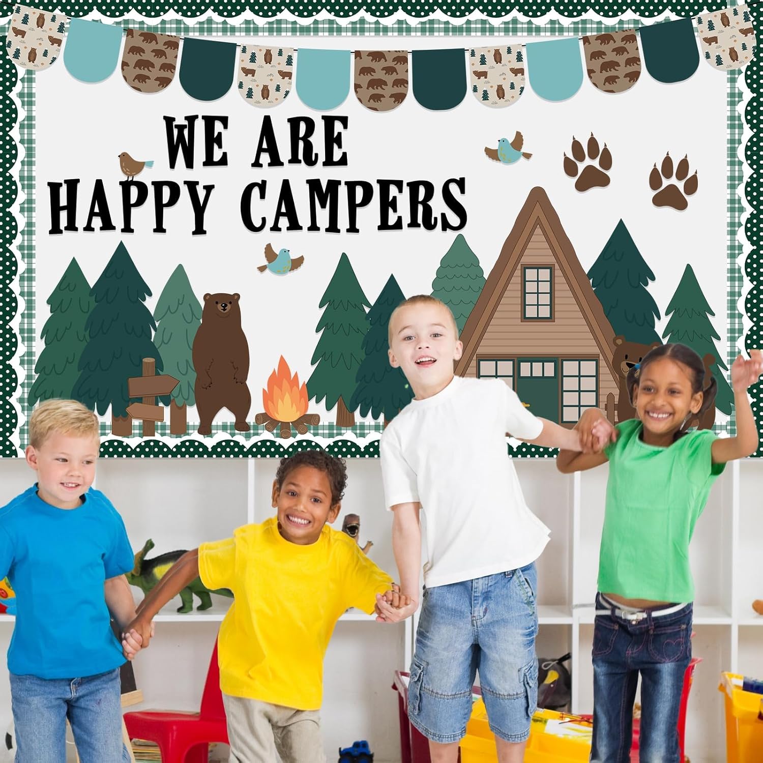 Camping Bulletin Board Classroom Decorations Set Forest Bulletin Board Borders Camp Theme Woodland Animals Bear Paper Cutouts for Summer Camping Day Classroom School Wall Party Decor Supplies