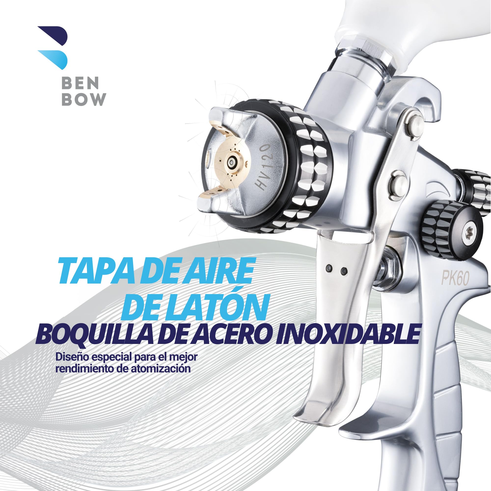 BenBow Set Pistola de Pintura PK60 HVLP 1,4 mm + 1,8 mm Boquilla + 600 ml Taza de Pintura + Maleta - Ideal para la Pintura de automóviles – Pistolas de Pintura de Aire comprimido