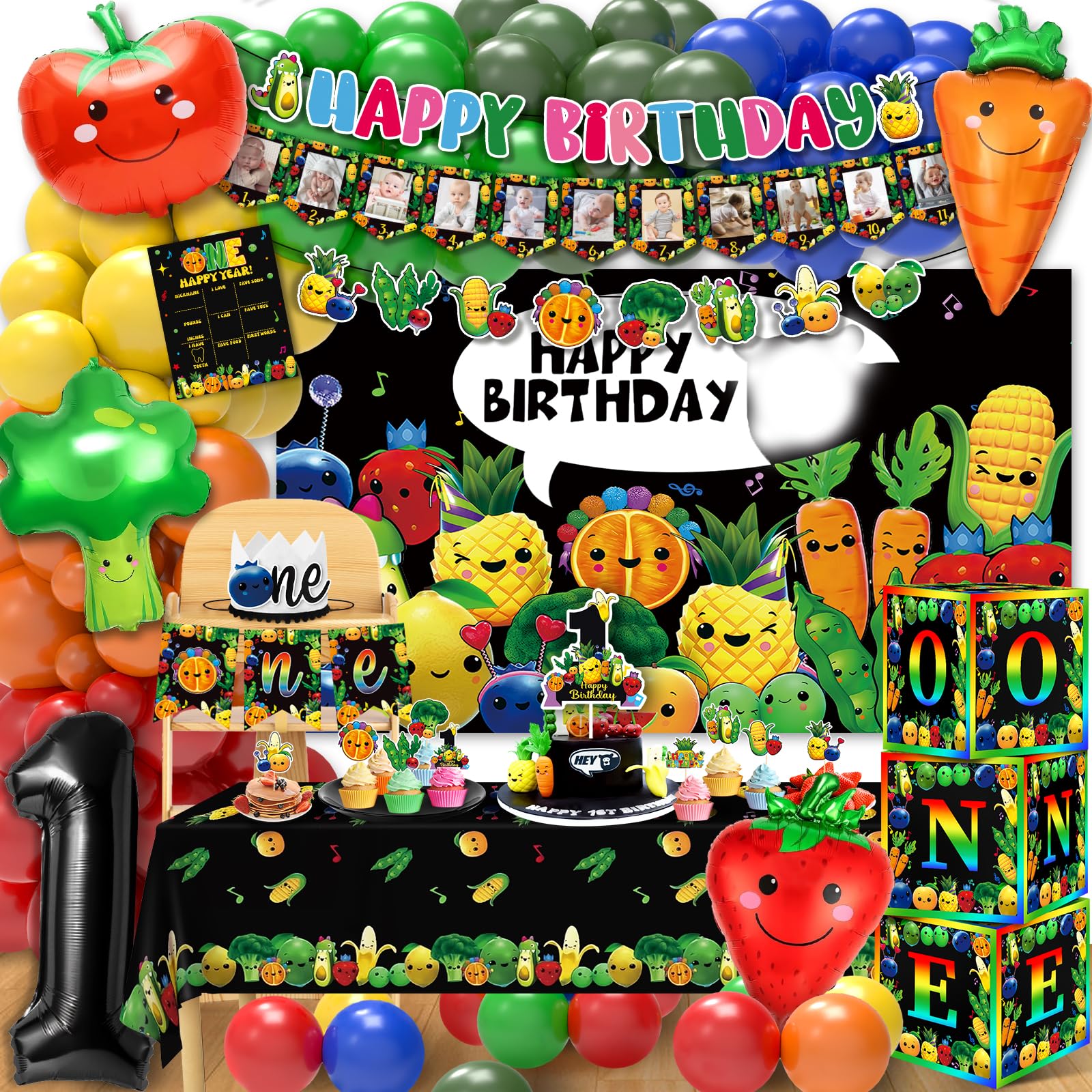 NANAGALI Hey One Bear Sensory Fruit Birthday Decorations - Dancing Fruit 1st Birthday Party Backdrop Balloons Arch Box High Chair Banner for Baby Boys Girls