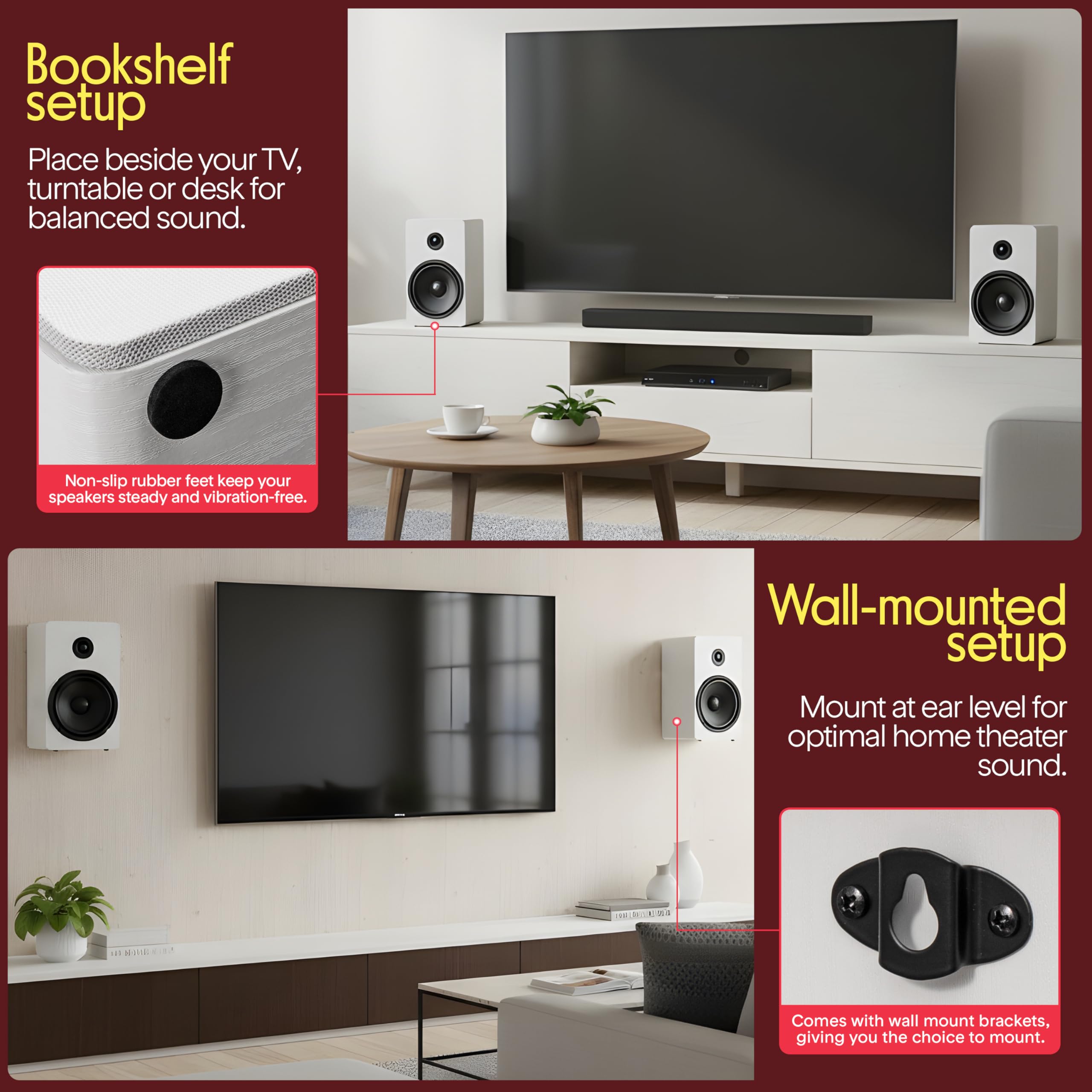 Pyle 16,5 cm Bücherregal-Lautsprecher – Paar kabelgebundene Bücherregal-Lautsprecher mit Wandhalterungen, 2-Wege-HiFi-Heimkino mit Fiberglas-Kegel, weicher Kuppelhochtöner, kompaktes Design, 29,7 x