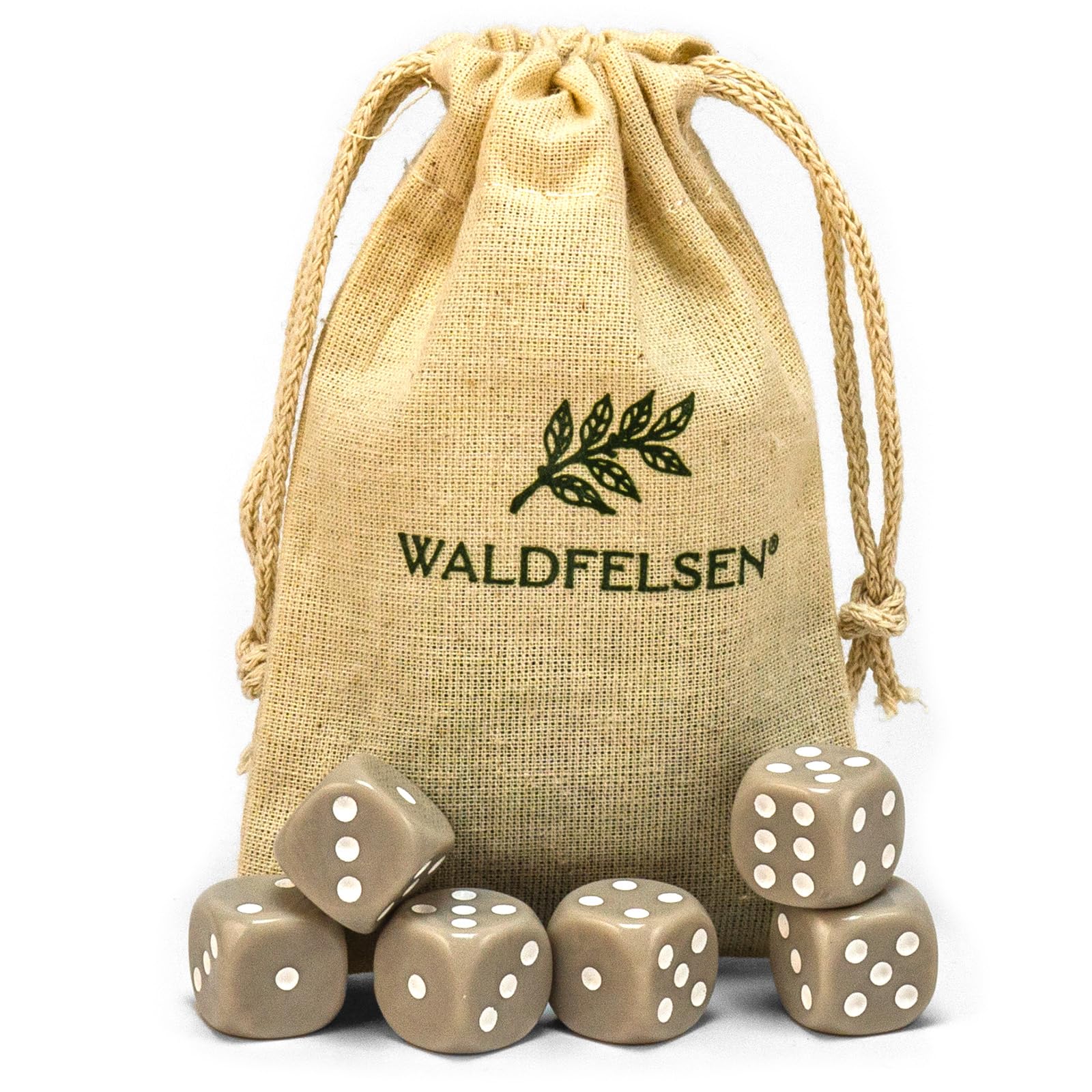 Waldfelsen® High-Quality Dice 6, 12, 20, 30 or 50 Standard Size 16 mm Acrylic Dice Puzzle Play Cube Dice 6-Sided Six Sided Play Accessories Set with Fabric Bag (Grey, 6 Pieces)