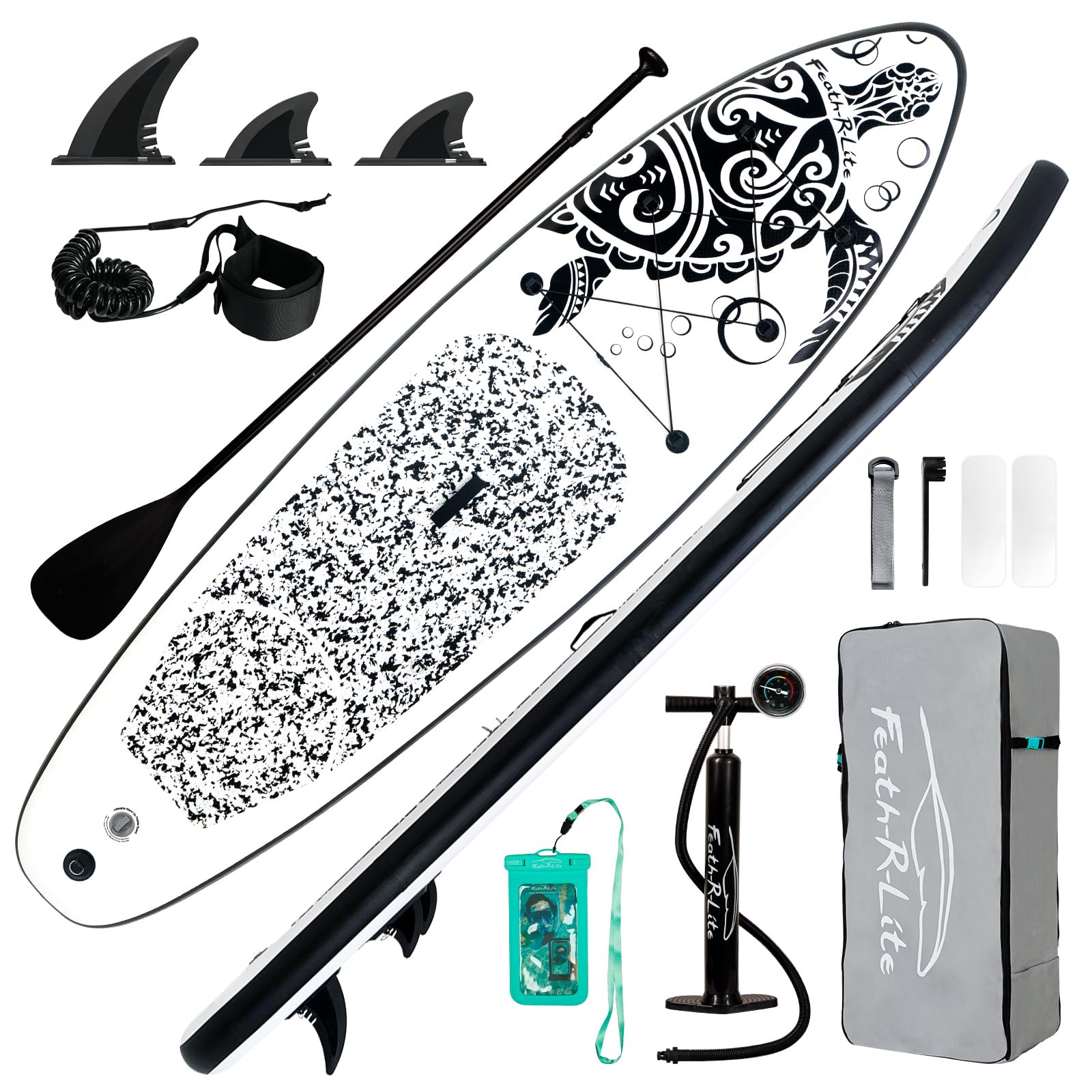 FEATH-R-LITE Inflatable Stand Up Paddle Board with Beginner SUP Accessories | 10’6’’/11' Ultra-Light SUP,Anti-Slip EVA Deck,Versatile Yoga Inflatable Paddle Boards for Adults & Youth of All Skill Levels Black Sea Turtle 10'6''x33''x6''