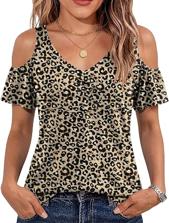 Micoson Cold Shoulder Tops for Women Summer V Neck Short Sleeve Blouses