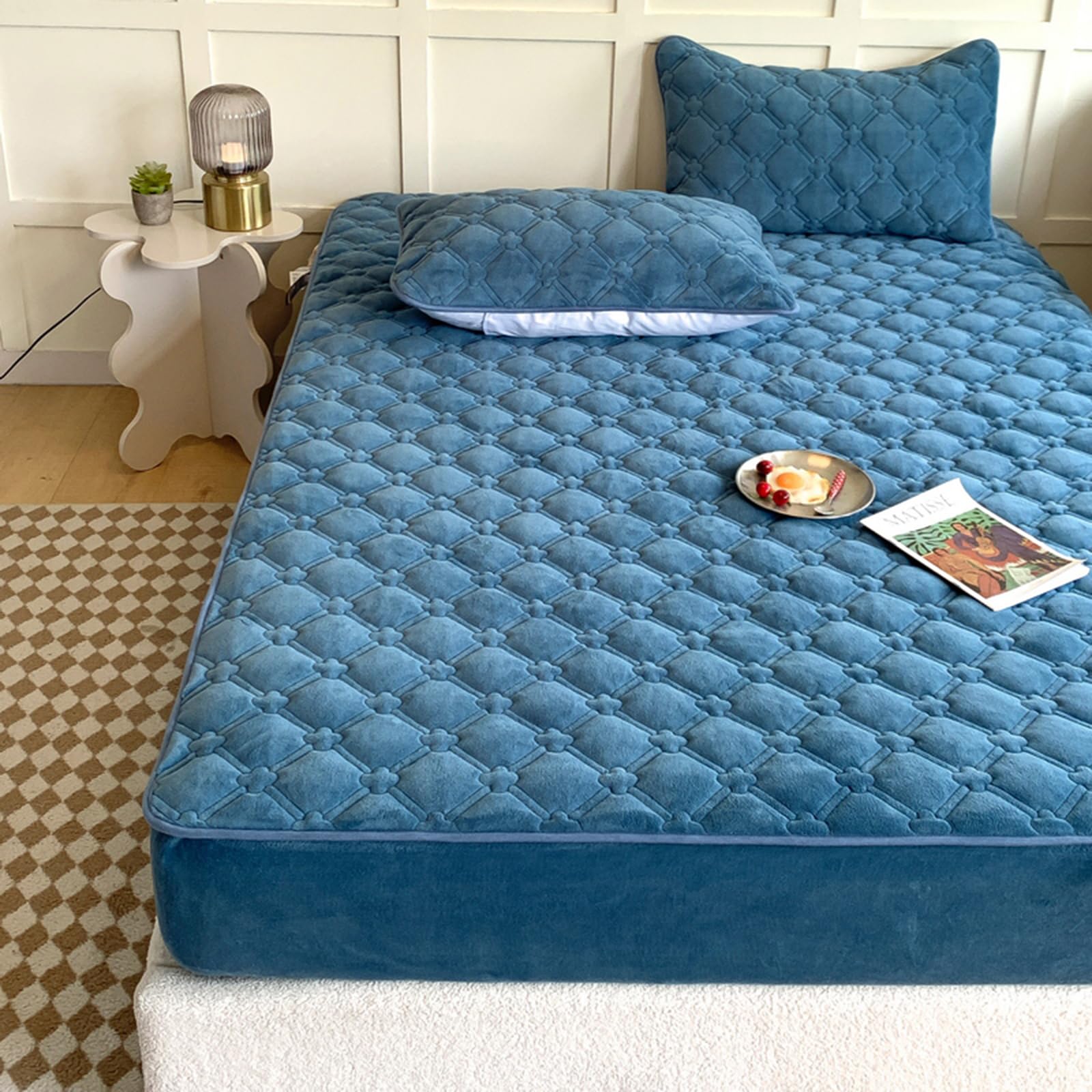 LweiPsqLin Quilted Milk Velvet Fitted Sheet,Soft Velvet Fleece Mattress Protector,15