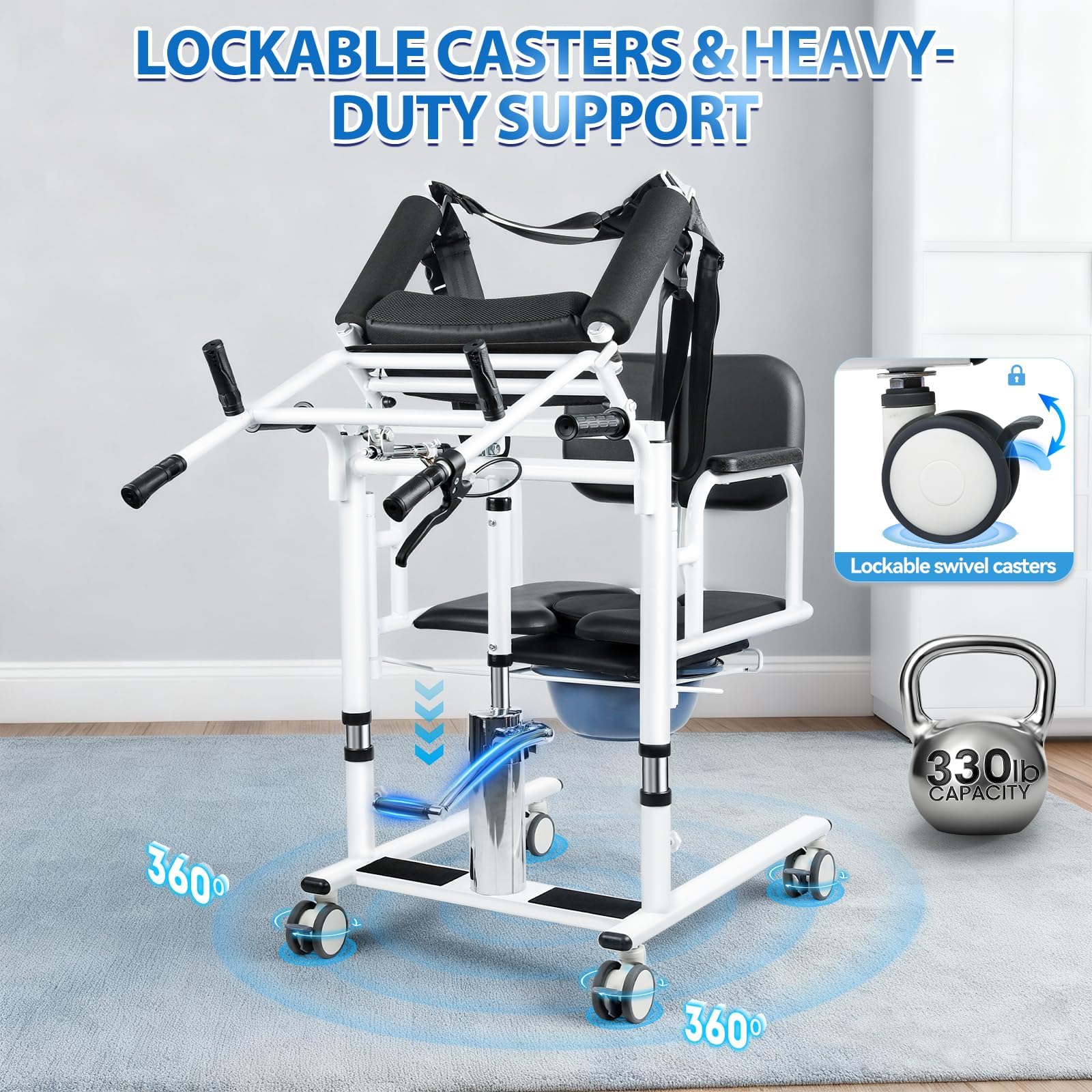 Silla Grua de Transferencia para Discapacitados Pacientes – Elevador Hidráulico con Asiento Dividido 180°, Silla Transferencia Ancianos para Ducha Y WC, 200kg, Altura Ajustable, Frenos