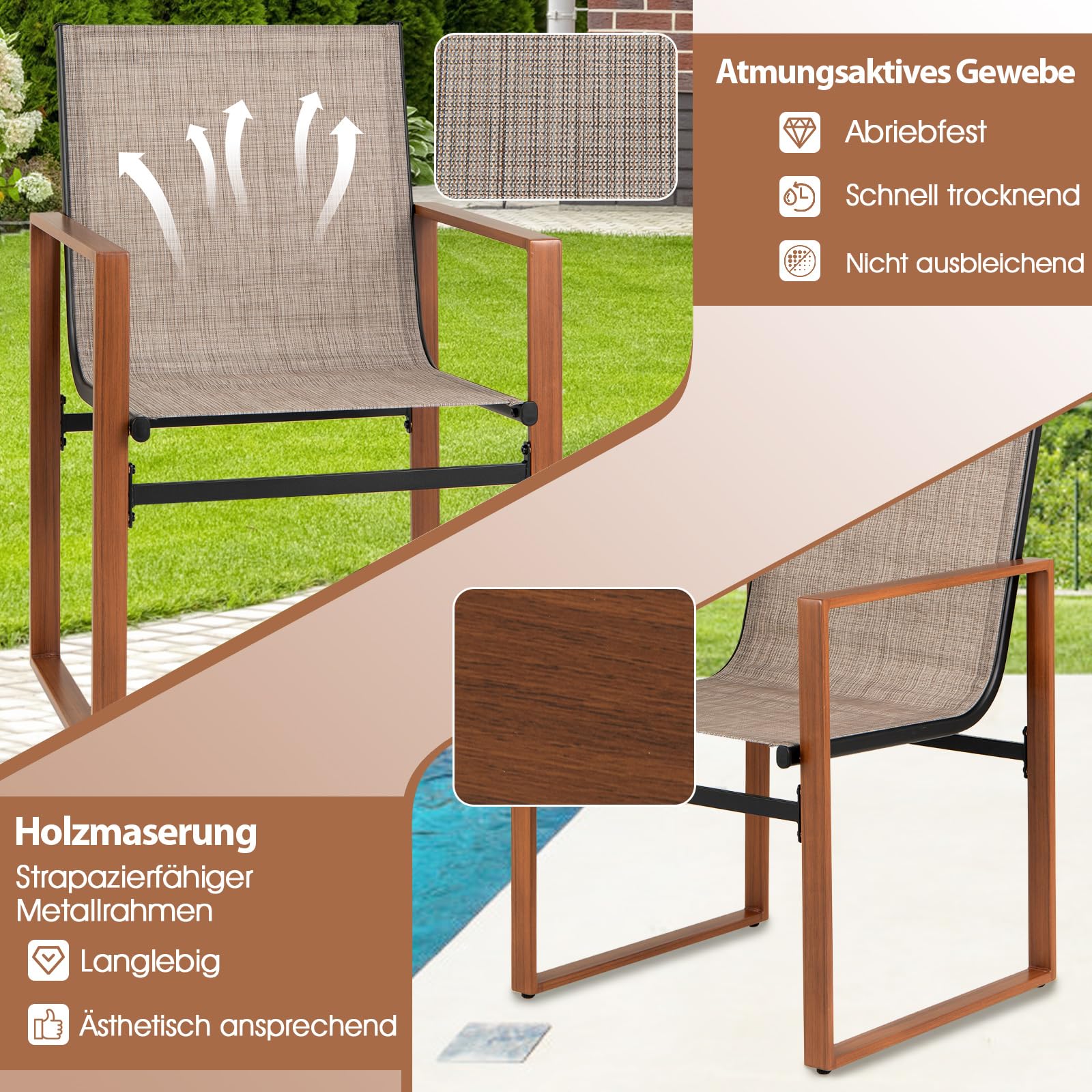 COSTWAY Zestaw 2 krzeseł ogrodowych, krzeseł tarasowych z oddychającym siedziskiem i metalową ramą, krzesła balkonowe, krzesła outdoorowe, obciążenie do 150 kg, do ogrodu, na balkon, werandę (brązowy)