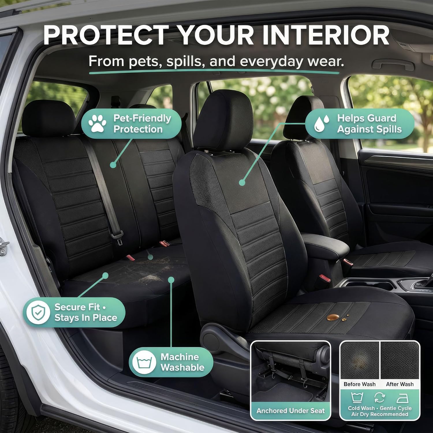 FH Group Automotive Car Seat Covers Full Set Premium 3D Air Mesh Front Seat Covers, Airbag Compatible & Split Bench Cover Universal Fit Interior Accessories for Cars Trucks and SUVs - Black