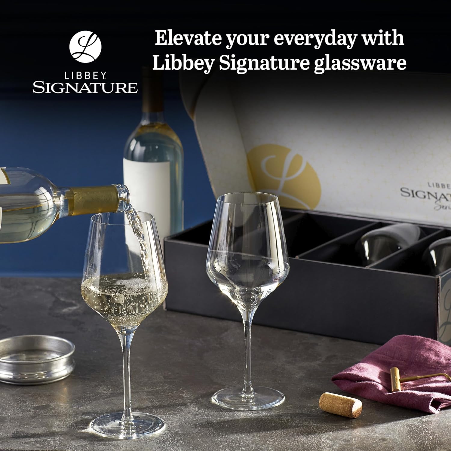 Libbey Signature Greenwich All Purpose Wine Glasses, 16 Oz Angular Wine Glass Set of 4 with Pulled Stem, Stemware Glasses for Cocktails and More