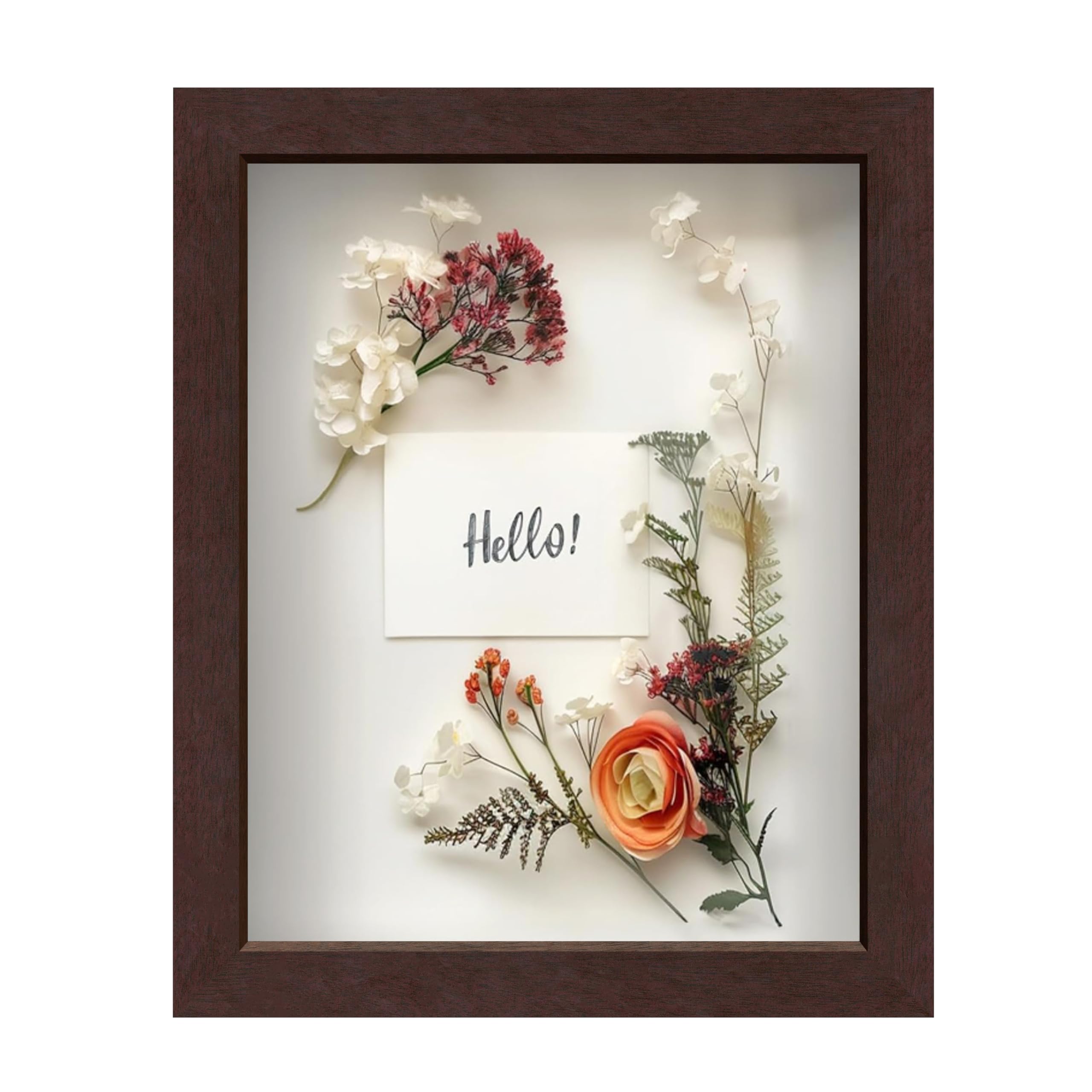 FrameWorks Mahogany Wooden Shadow Box Frame - 8' x 10' Display Case with Soft Felt Back, Tempered Glass, Elegant White Ball Push Pins