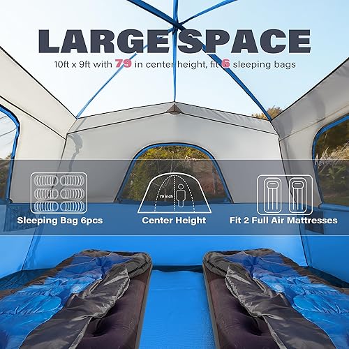 Miniatura 3 de Carpas para 6 personas para acampar, fácil instalación, impermeable, resistente al viento, tienda de campaña de doble capa, 10 pies x 9 pies x 79