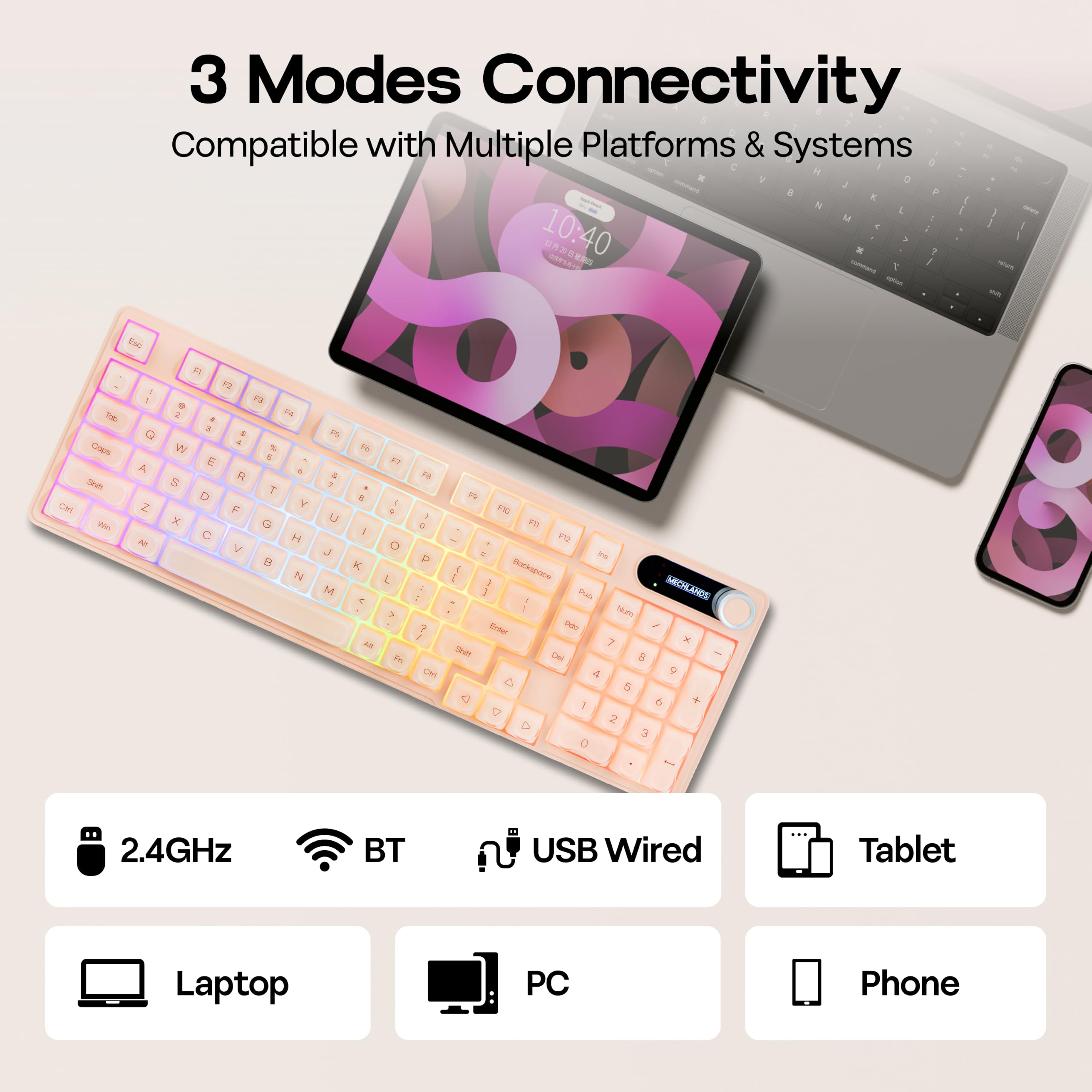 MechLands M98 Teclado silencioso con numérico, Estructura Suave, 3 Modos inalámbrico, batería 5000mAh, Pantalla, Perilla, RGB. Compatible Win/Mac, para Gaming y Oficina