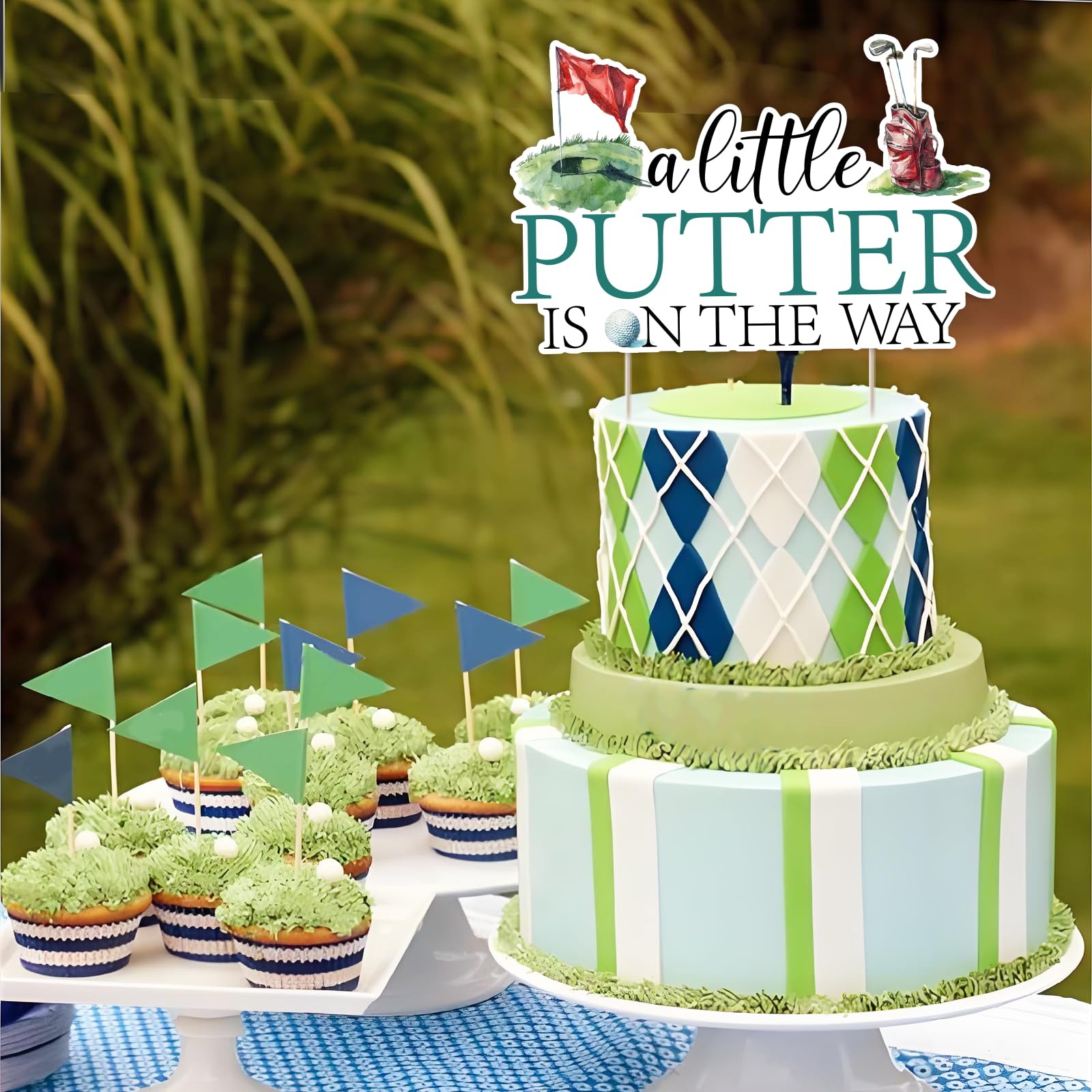Golf-Thema Tortenaufsatz „A Little Putter Is On The Way“ – Schwarzer Glitzer, Für Babyparty & 1. Geburtstag