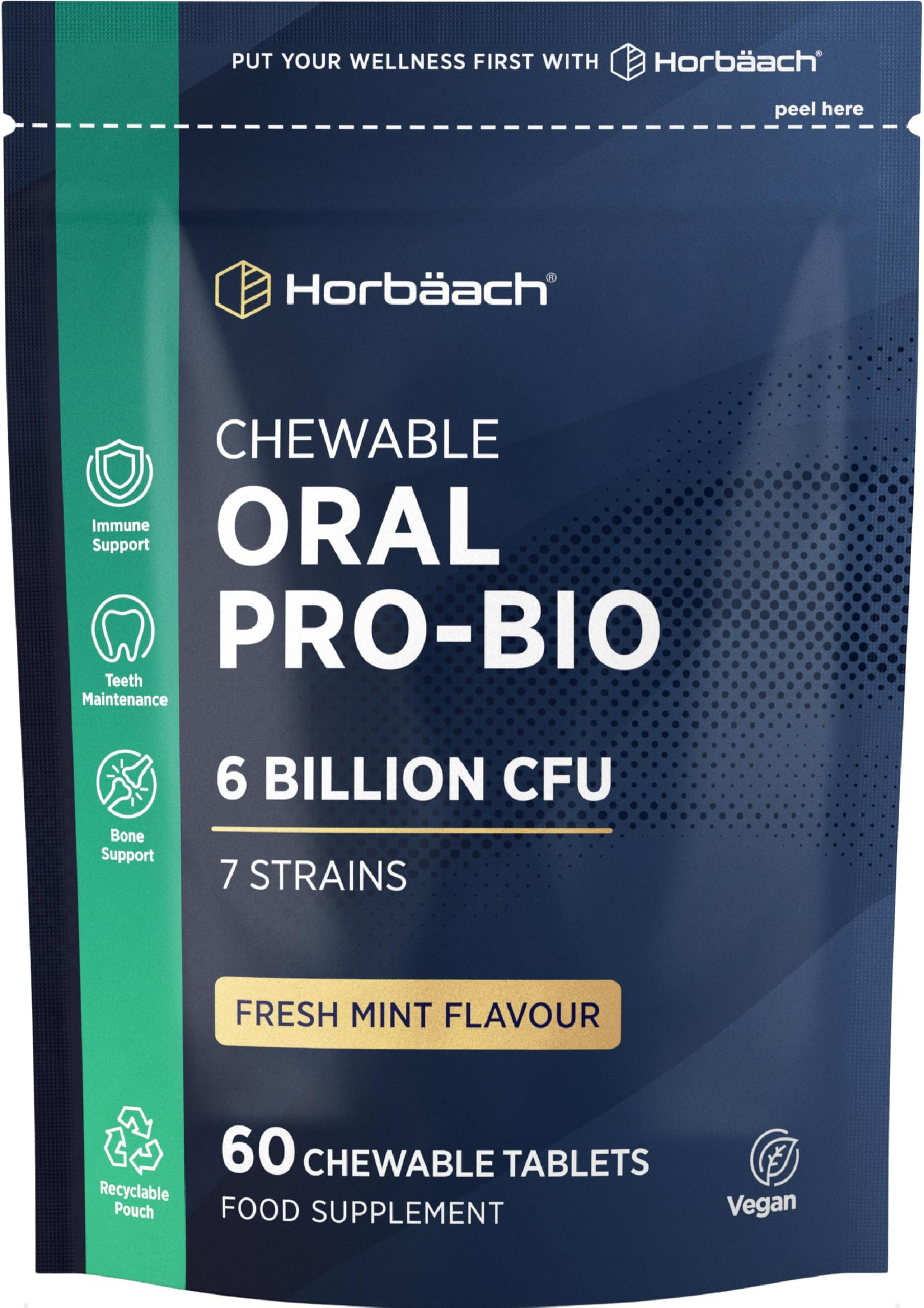 Oral Probiotics for Mouth 6 Billion CFU | Advanced Dental Biotics for Adults | 7 Strains Including Lactobacillus Reuteri | 60 Vegan Chewable Tablets | Mint Flavour | by Horbaach