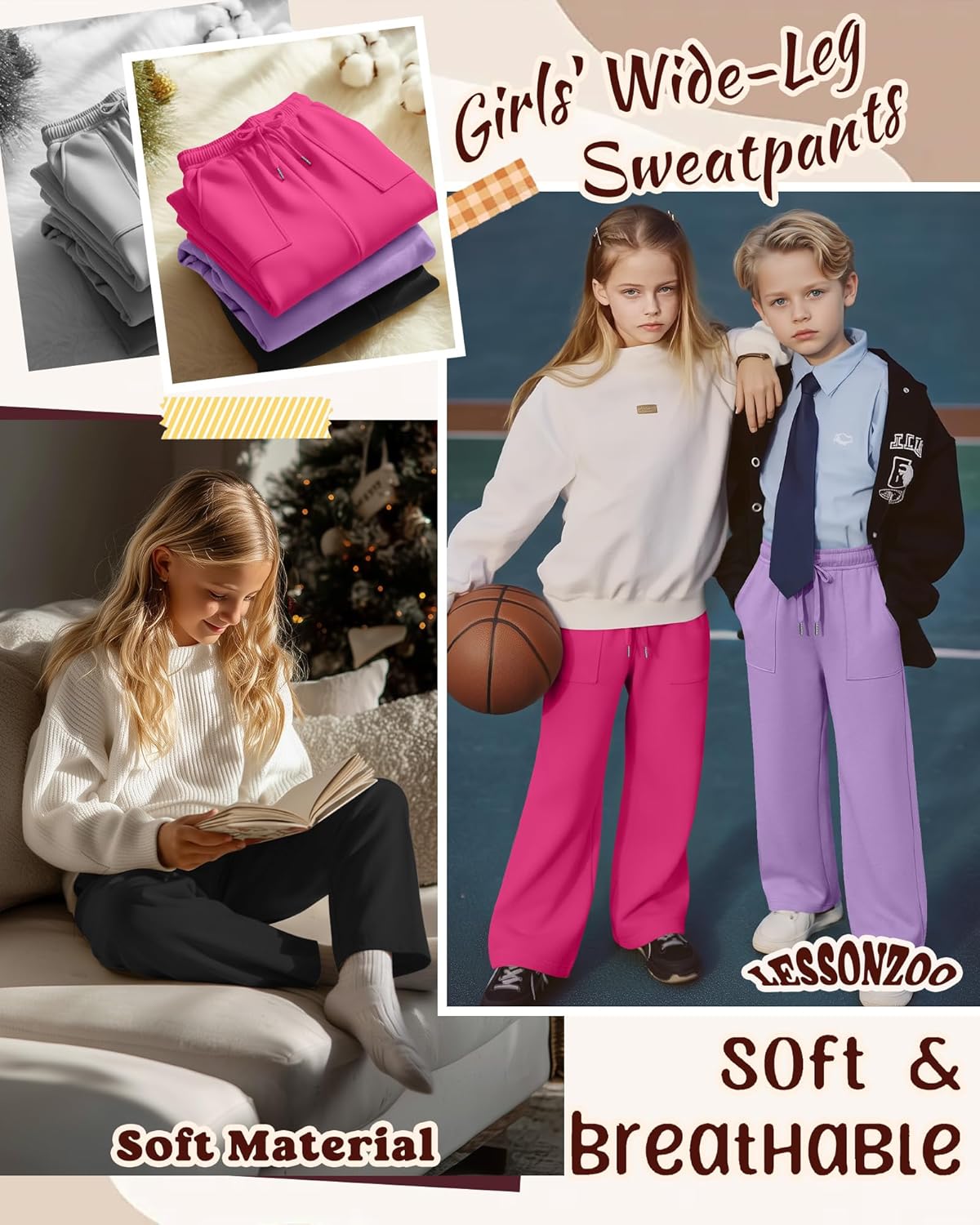 4 Pack Girls' Straight Leg Sweatpants, Kids Drawstring Casual Joggers Teen Loose Open Bottom Pants with Pockets - Image 2