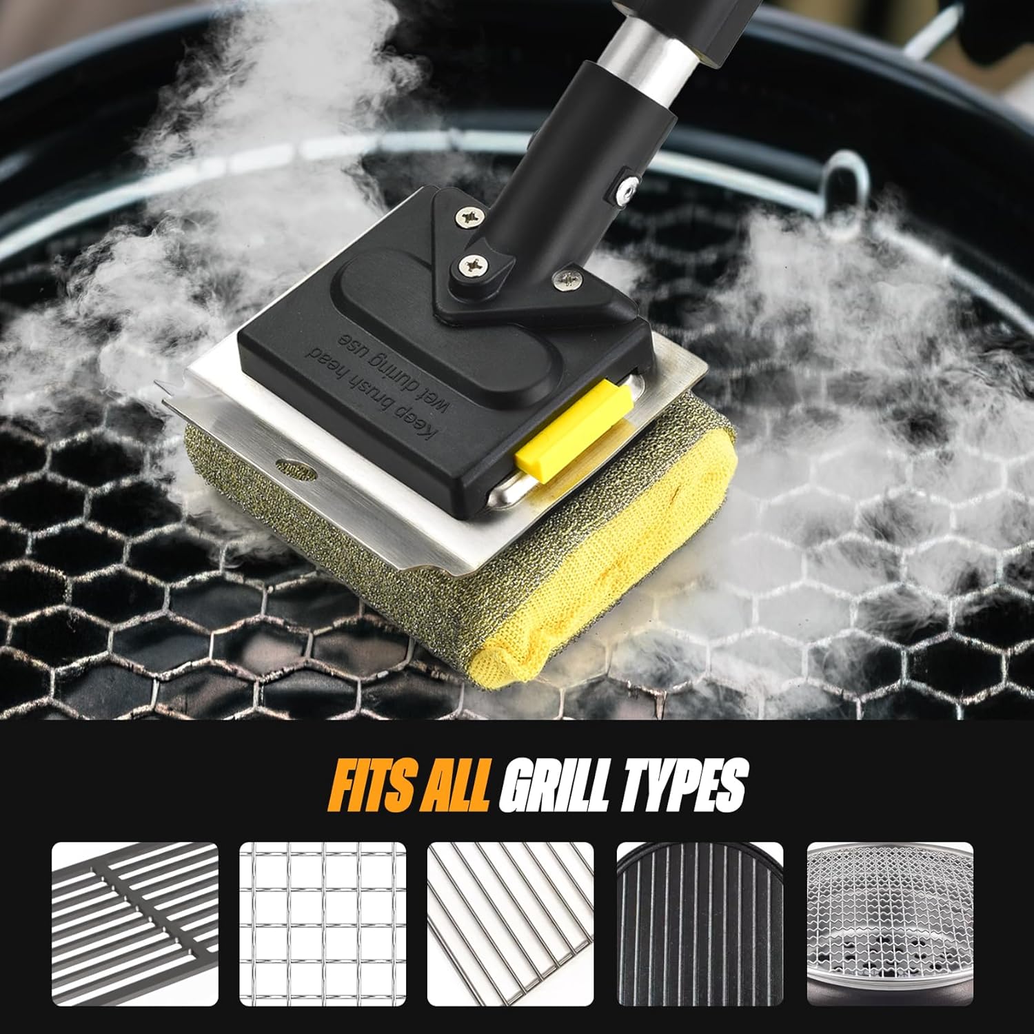 Folding Bristle Free Outdoor Grill Brush for BBQ Collapsible Design for Easy Storage Heavy Duty with Scraber & 3 Sponge Steam Brush Head Grill Cleaning Tool for Camping Tailgating Indoor Daddy Gift