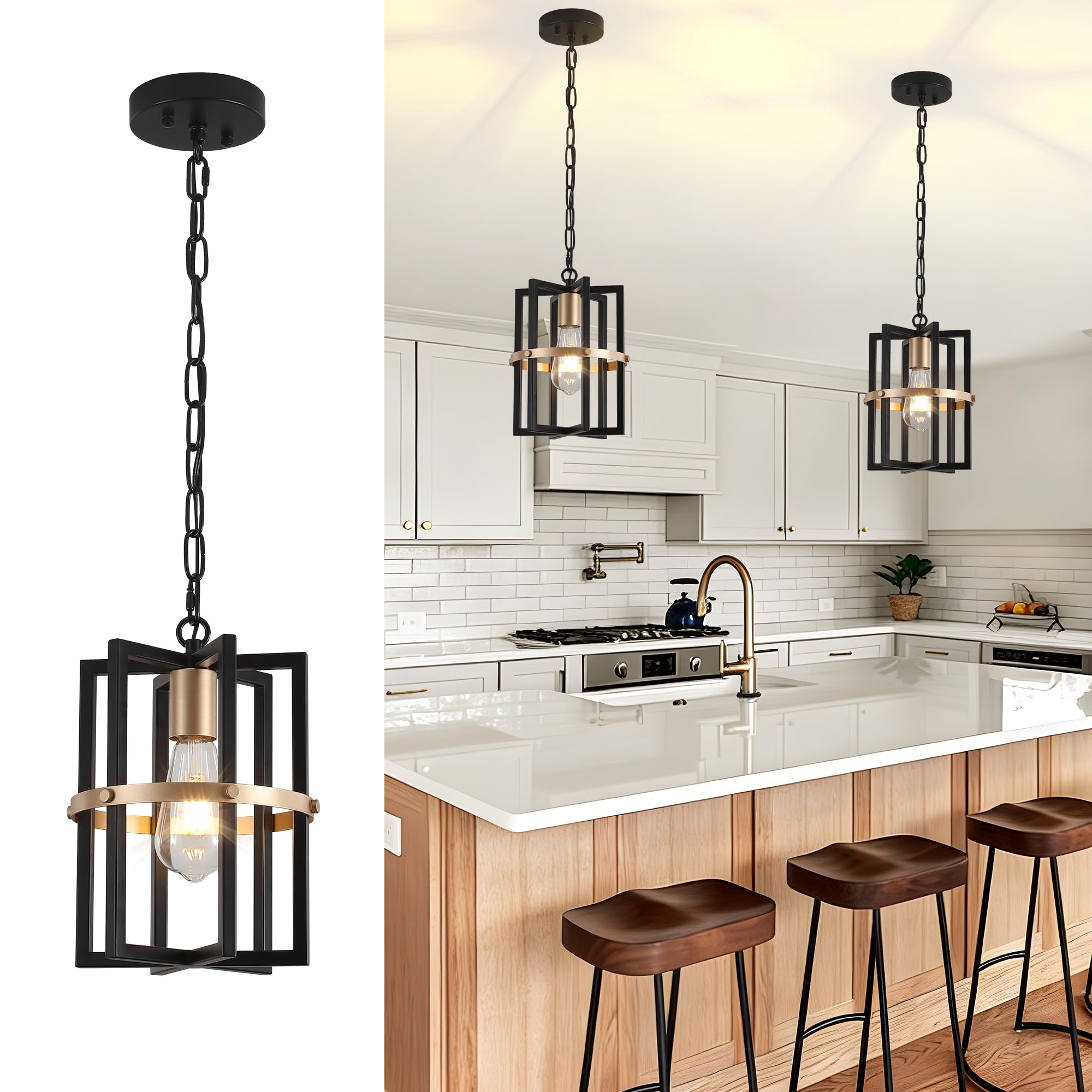 Photo 1 of QMNHAU 7in Black and Gold Pendant Light Fixture, Modern Farmhouse Small Chandelier Industrial Geometric Rustic Hanging Light Fixture for Kitchen Island Dining Room Entryway Hallway Foyer