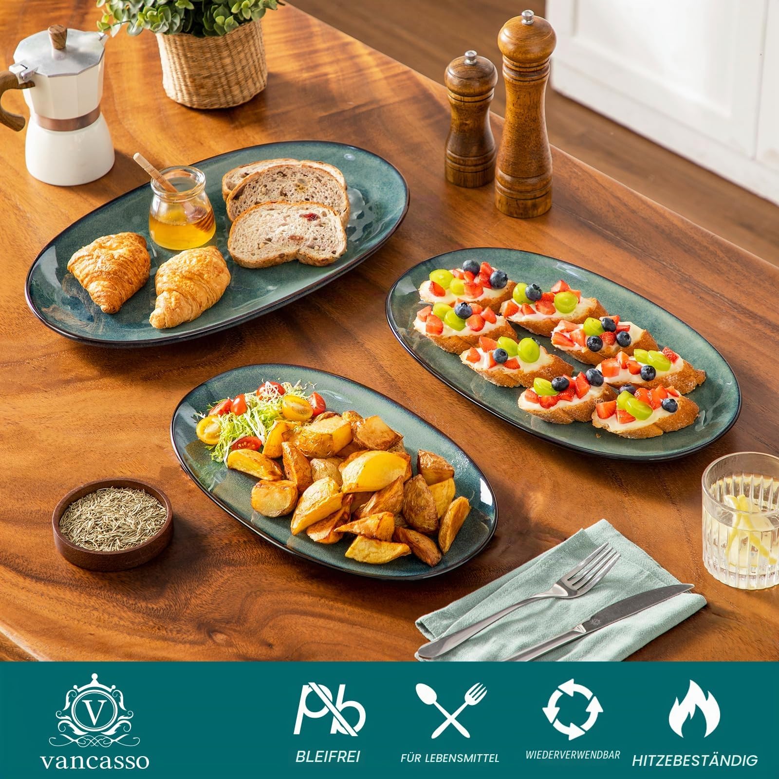 vancasso Servierplatte, Servierplatten 3er set, Ovalen Servierteller, Steingut Dessertteller, Frühstücksteller, Kuchenteller, 3 Größen Essteller, Grün