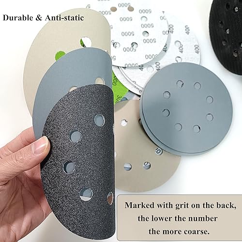 Miniatura 4 de Rouswee 30 discos de lijado de 1202404008001000, grano 12024040080010001500250030005000 compatible con lijadora orbital aleatoria (30 piezas de 5