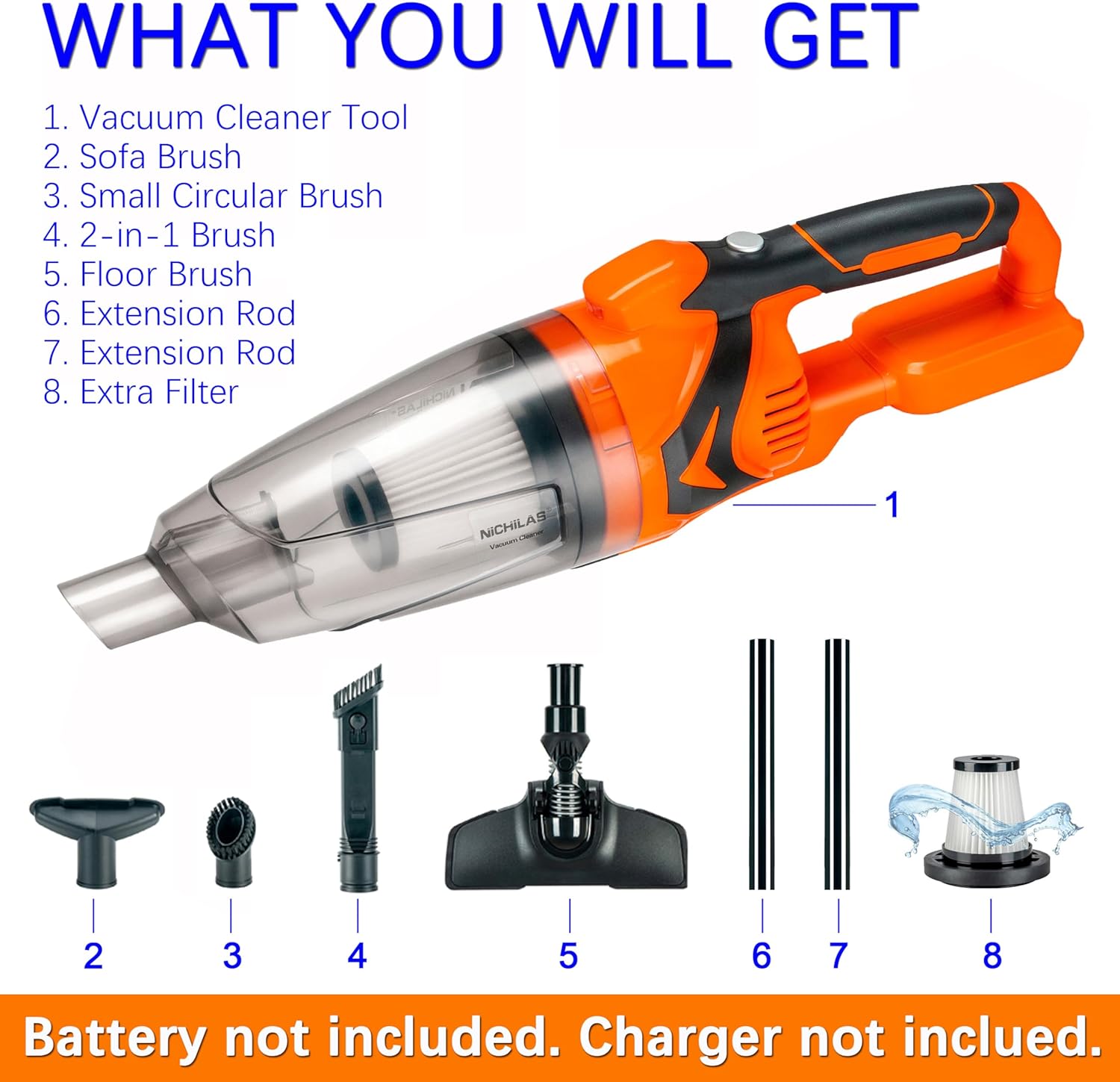 Cordless Vacuum Cleaner Handheld Stick Vacuum Cleaner 10kPa Powerful Suction 4 Different Heads for Home Pets Floor Car, Compatible with DEWALT 20V MAX Batteries (NO Battery)