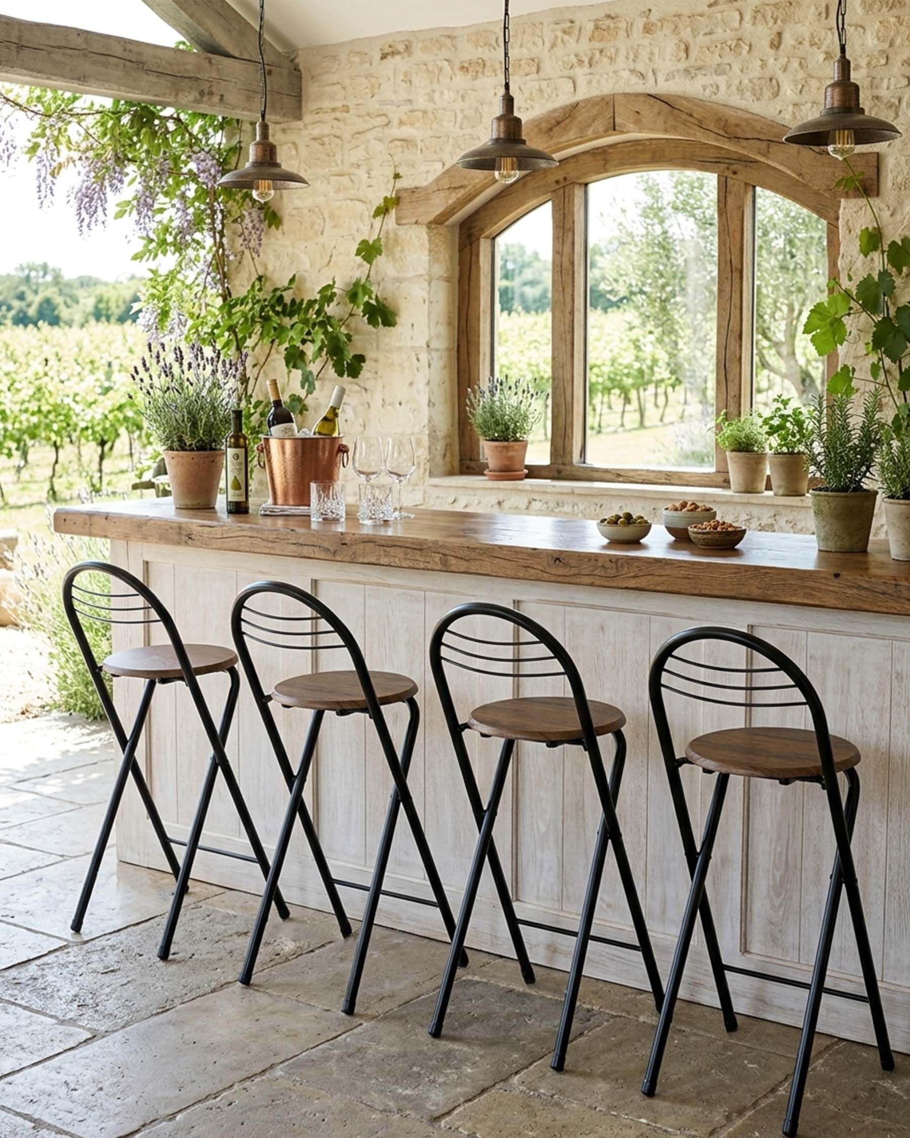 Lot de 4 Tabouret Bar Pliant Noir Tabouret Pliable avec Dossier, Chaise de Bar Pliante en Métal avec Siège en Bois et Repose-Pied, Intérieur & Extérieur, Hauteur 60 cm