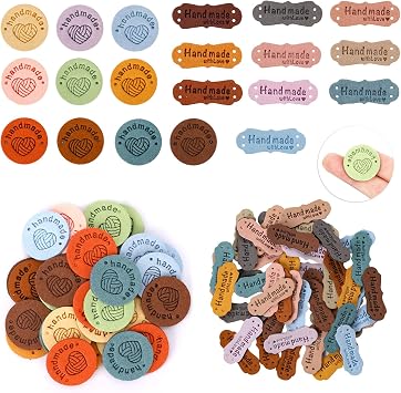 80PCS Handmade Leather Labels Colorful PU Leather Labels with Holes Hand Made Embossed Tag Embellishments Knit DIY Sewing Labels for Handmade Items Clothing Knitting Shoes Hat Craft, 20 Colors