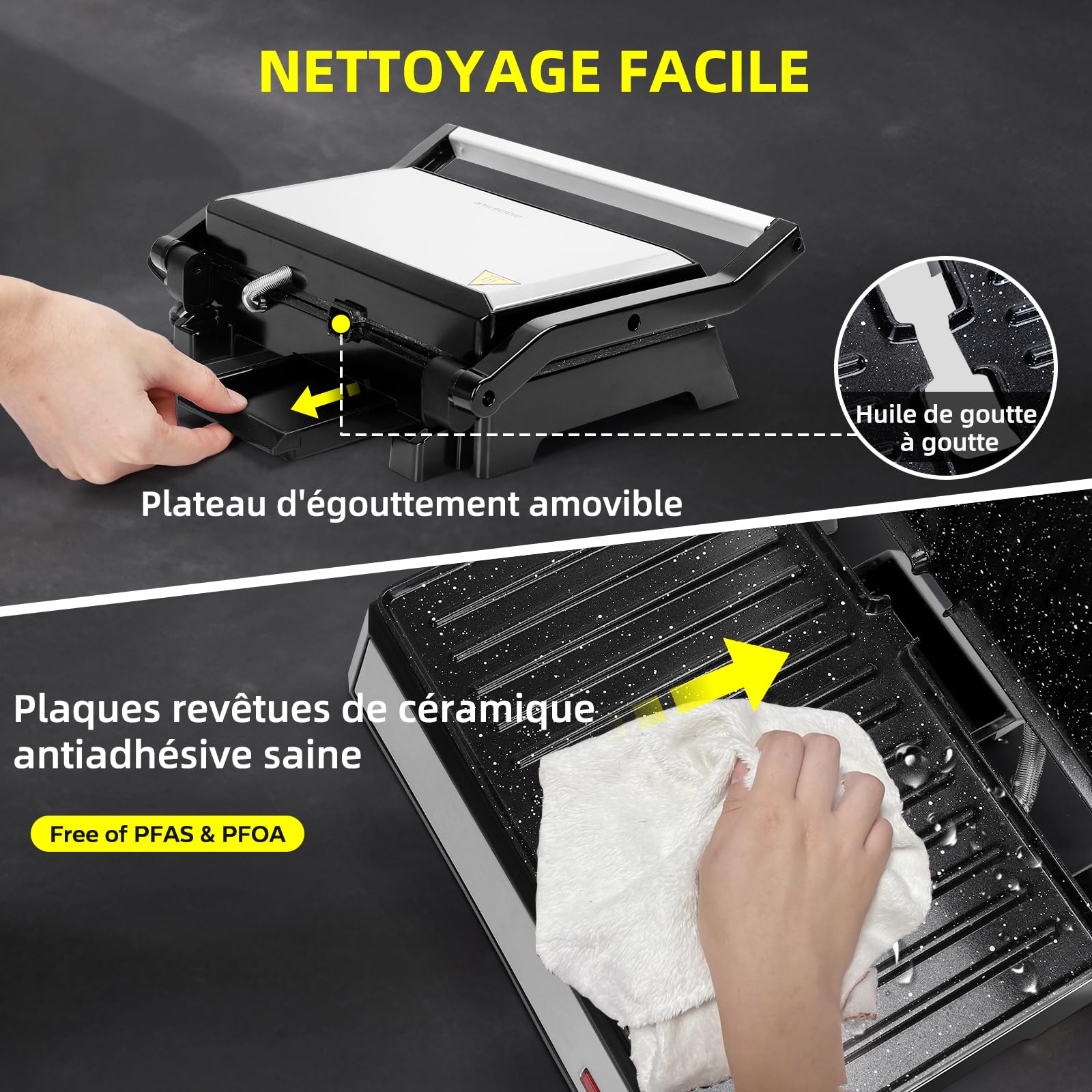 Aigostar Machine à Panini avec Revêtement Céramique, Ouverture 180°, 1500W | Grill électrique, Plaque de 27x17cm, Garanti sans PFAS, Finition Inox | Hett Pro