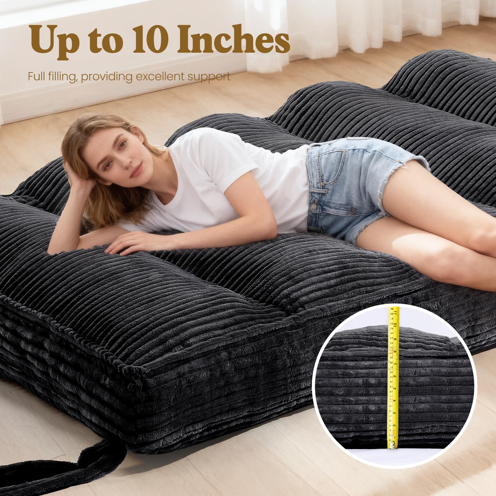 10" Futon Mattress Full Size, Ultra Thick Futons Sofa Couch Bed Sleeper Sofa Bed, Versatile Floor Futons Japanese Floor Mattress for Adults, Black (Frame Not Included)